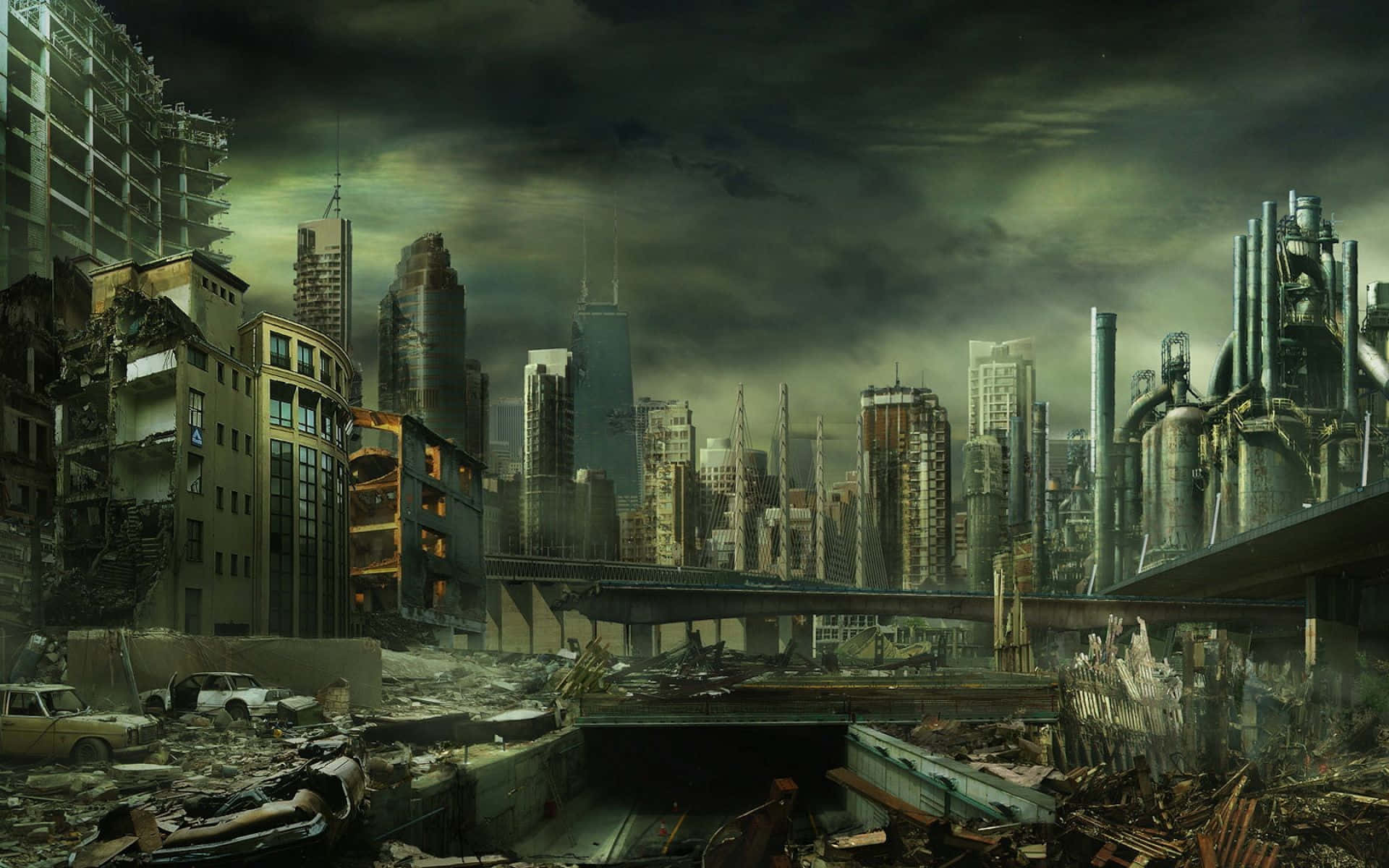 3d City 桌布 壁紙 — 在暴風雨般的綠色天空下，前景是倒塌的建築物和廢棄汽車的廢墟城市景觀。