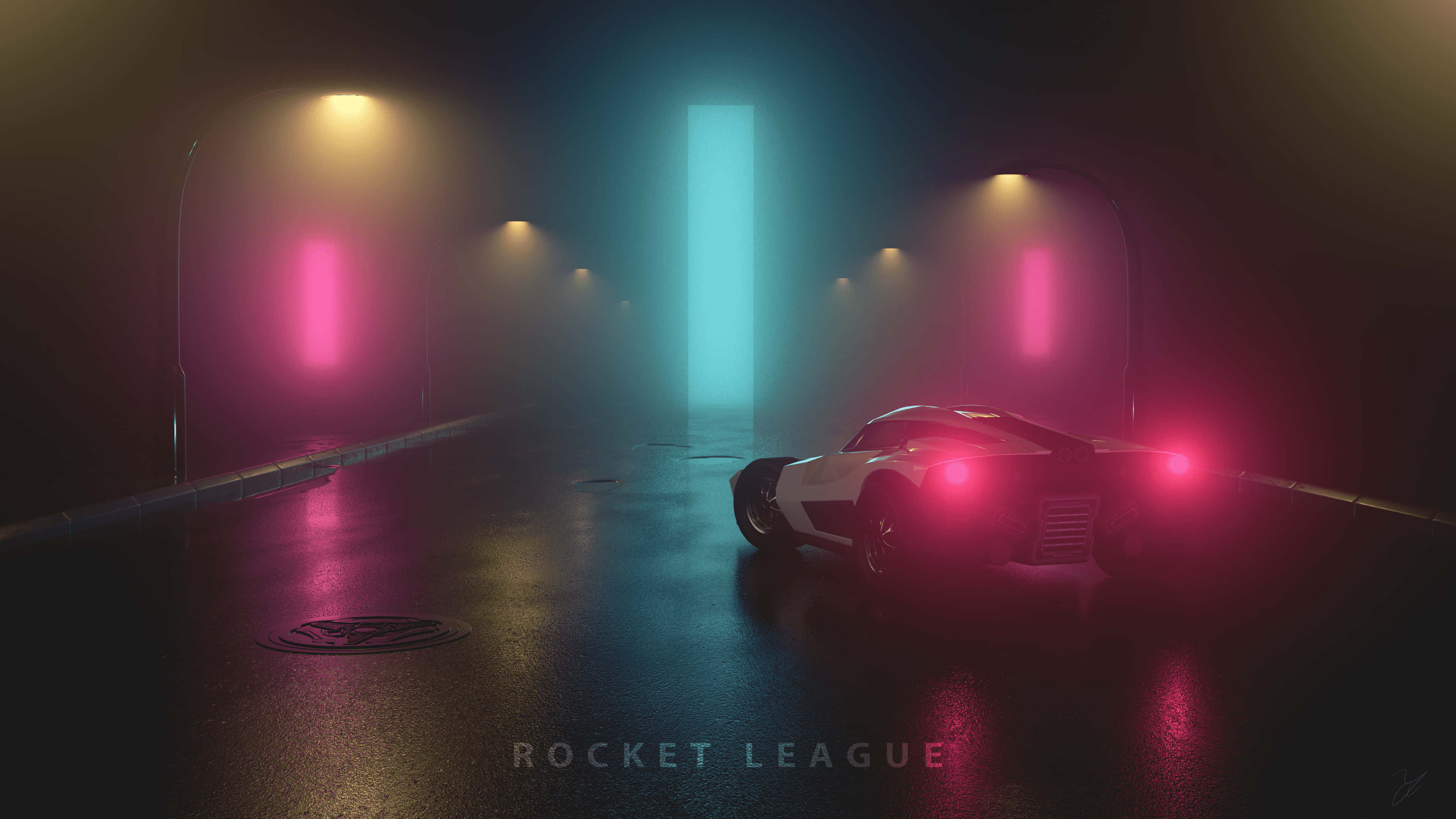 在最佳 Rocket League 中大放異彩 壁紙 — 一輛時尚的白色跑車，帶有發光的紅色尾燈，在霧氣瀰漫的霓虹燈隧道中行駛，隧道內有粉紅色和青色的光束。
