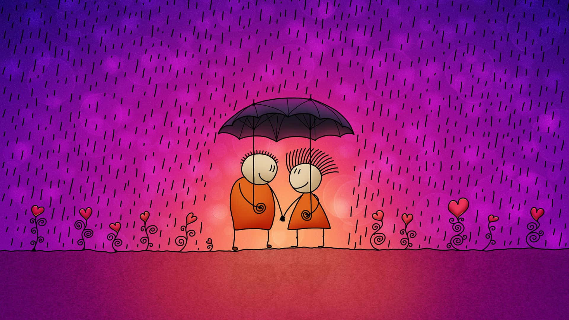 兩個人喺雨中撐傘，周圍有心形植物。