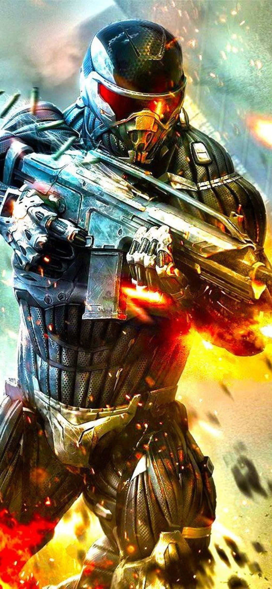 在最新 iPhone X 上暢玩 Crysis 3 壁紙 — 一名身穿暗色盔甲的未來戰士，在熾熱爆炸與碎片中發射發光武器。