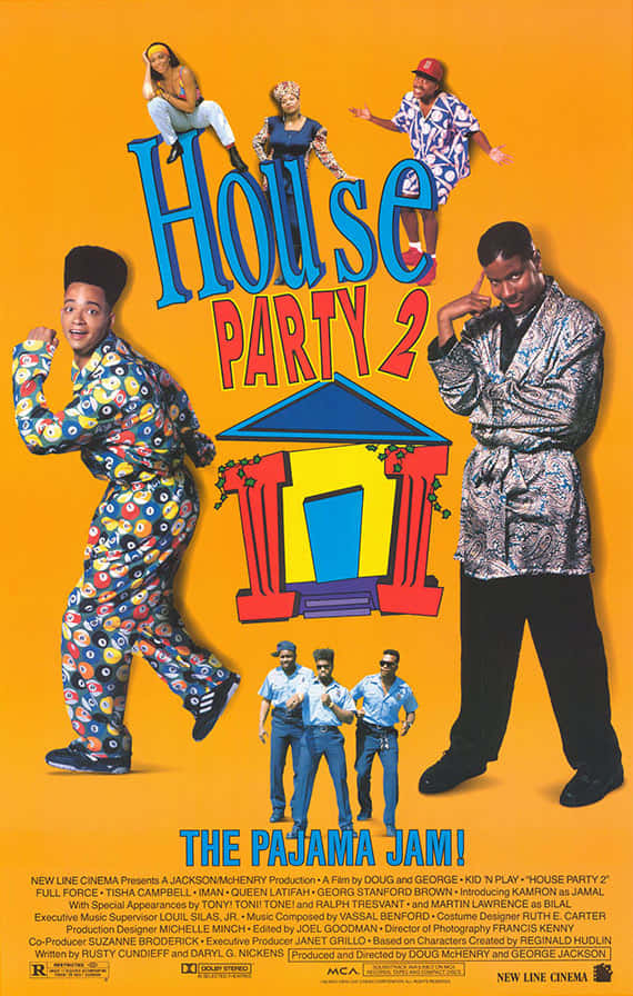 《House Party 2》電影海報，角色穿著睡衣充滿活力地擺姿勢。