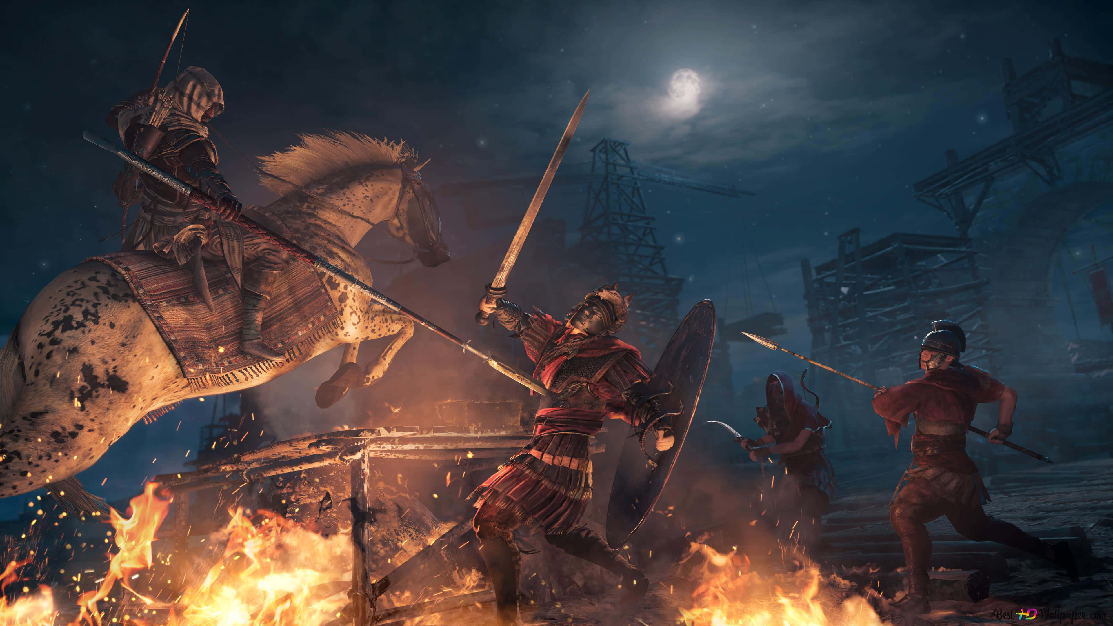 Bayek 桌布 壁紙 — 在月光下的天空中，一名騎著騰躍馬匹的騎士與身穿鎧甲的戰士在激烈的戰鬥中交鋒。