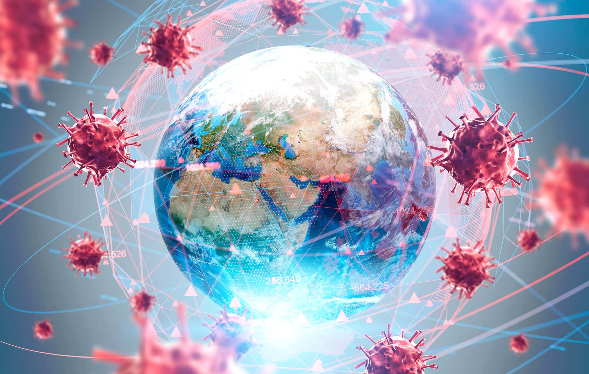 Coronavirus 桌布 壁紙 — 在未來主義的醫學可視化中，一顆發光的藍色地球被紅色病毒顆粒和數字數據流包圍。