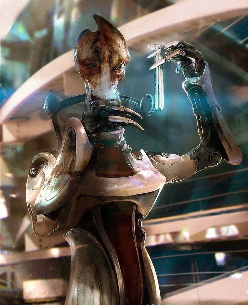 Mass Effect Legion 桌布 壁紙 — 在未來實驗室中，一位生物機械外星科學家專注地拿著發光的試管。