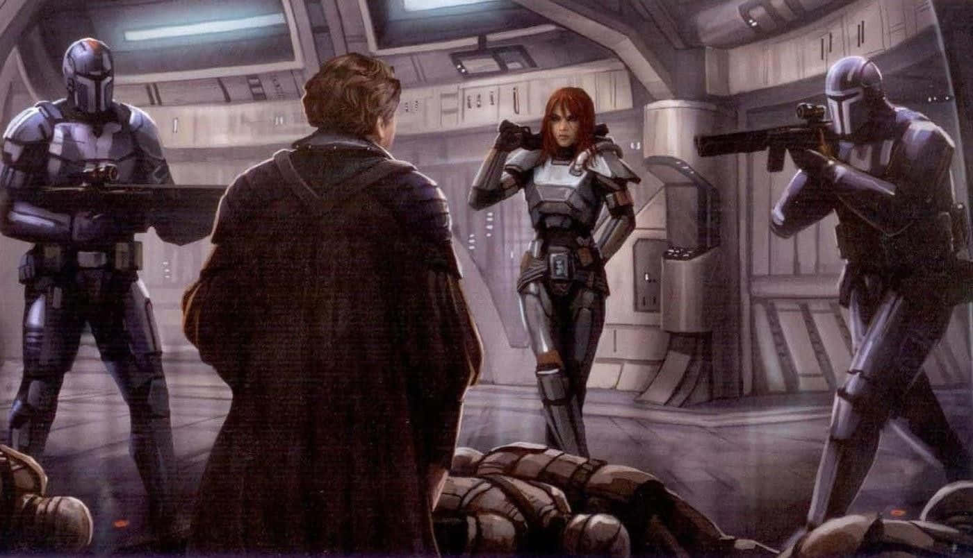 The War Of The Bounty Hunters 桌布 壁紙 — 在未來風格的太空船走廊中，武裝裝甲人物與披風人物之間的緊張對峙。