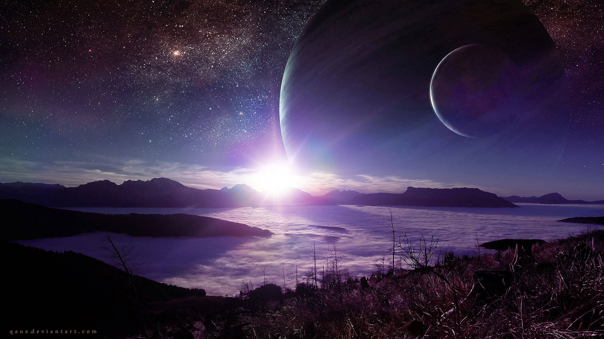 外星山脈俯瞰雲海，太陽在巨型行星和星星下升起。