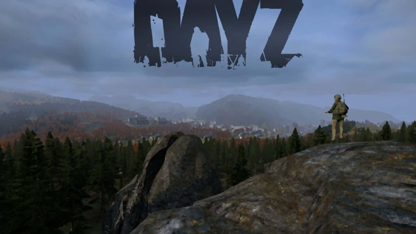 一個孤獨的倖存者在懸崖上俯瞰森林山谷，遊戲標題DAYZ在上方。