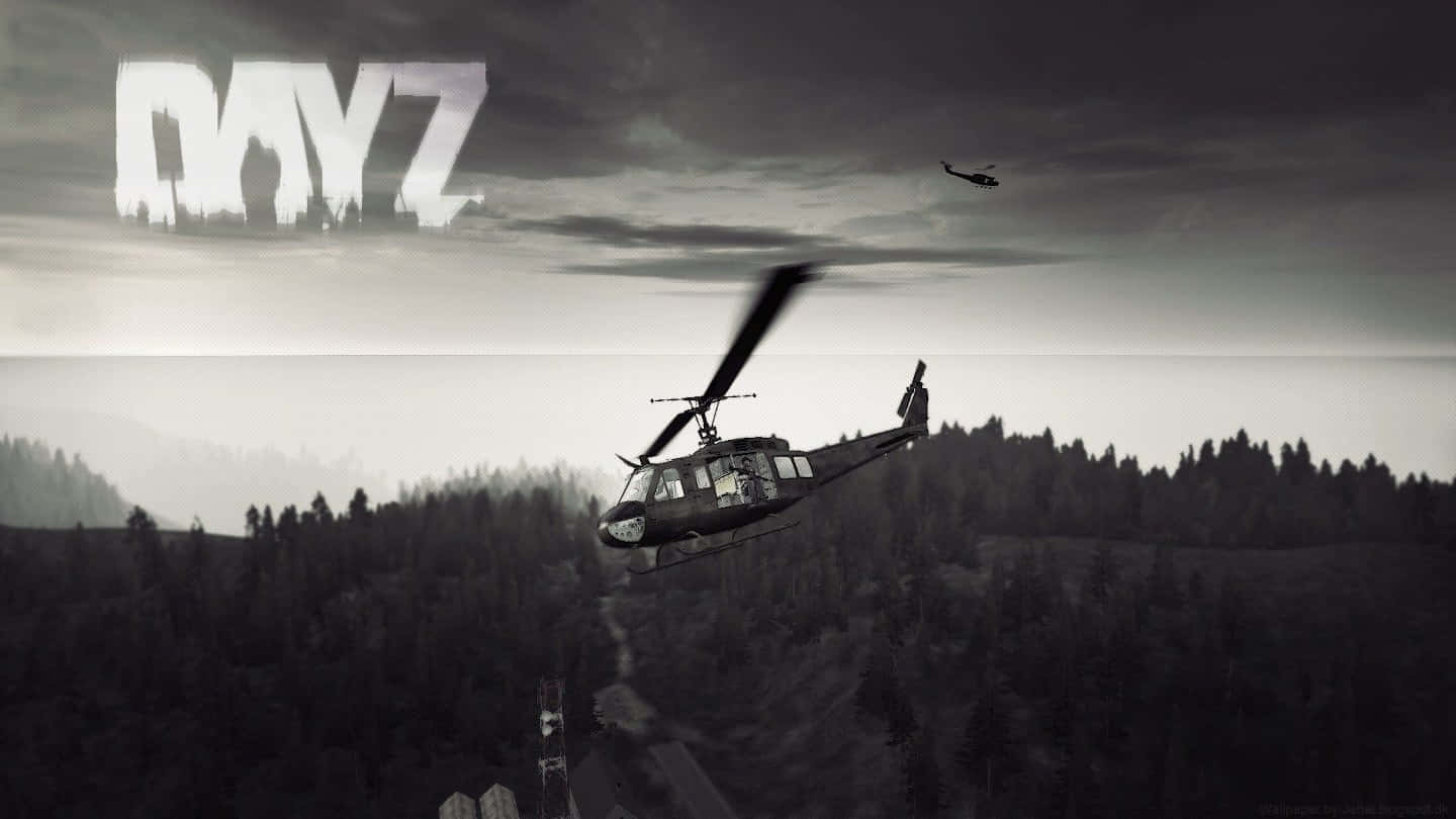 直升機飛越森林，天空有DAYZ文字