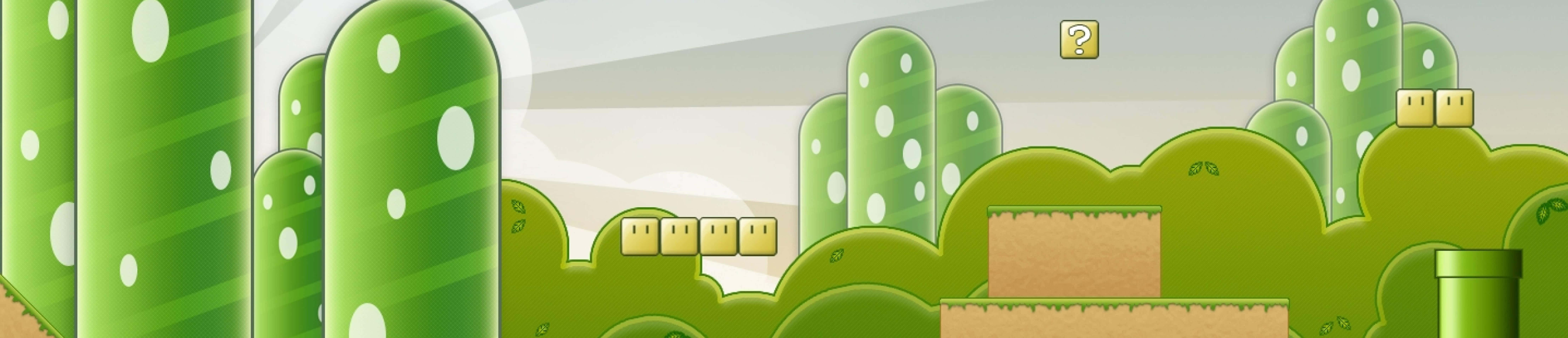 Mushroom Kingdom 桌布 壁紙 — 在柔和天空下，充滿活力的綠色管道景觀，帶有像素化方塊和問號箱。