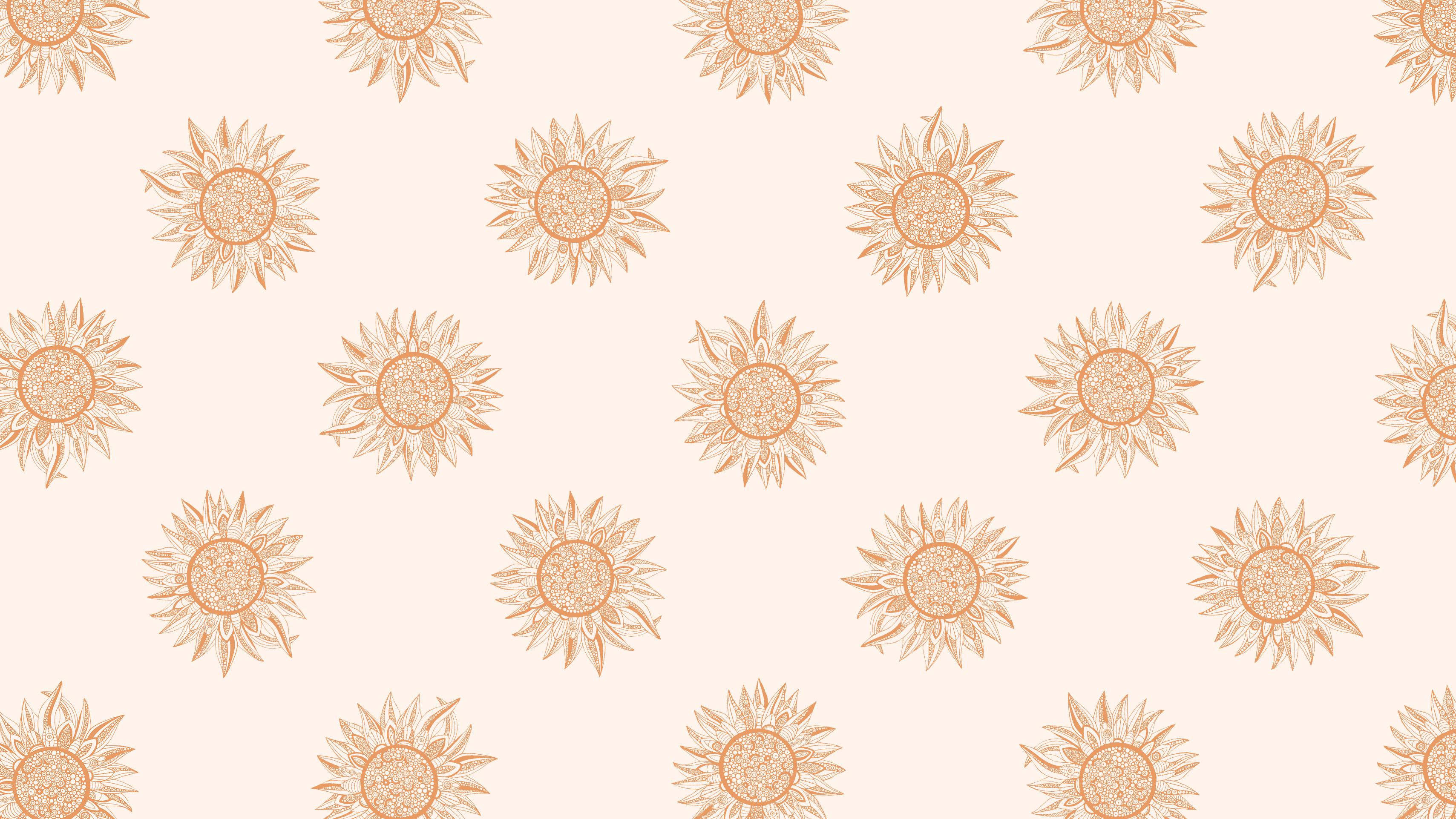 Dahlia 桌布 壁紙 — 在柔和的奶油色背景上重複出現精緻的金色向日葵圖案，帶有複雜的線條細節。