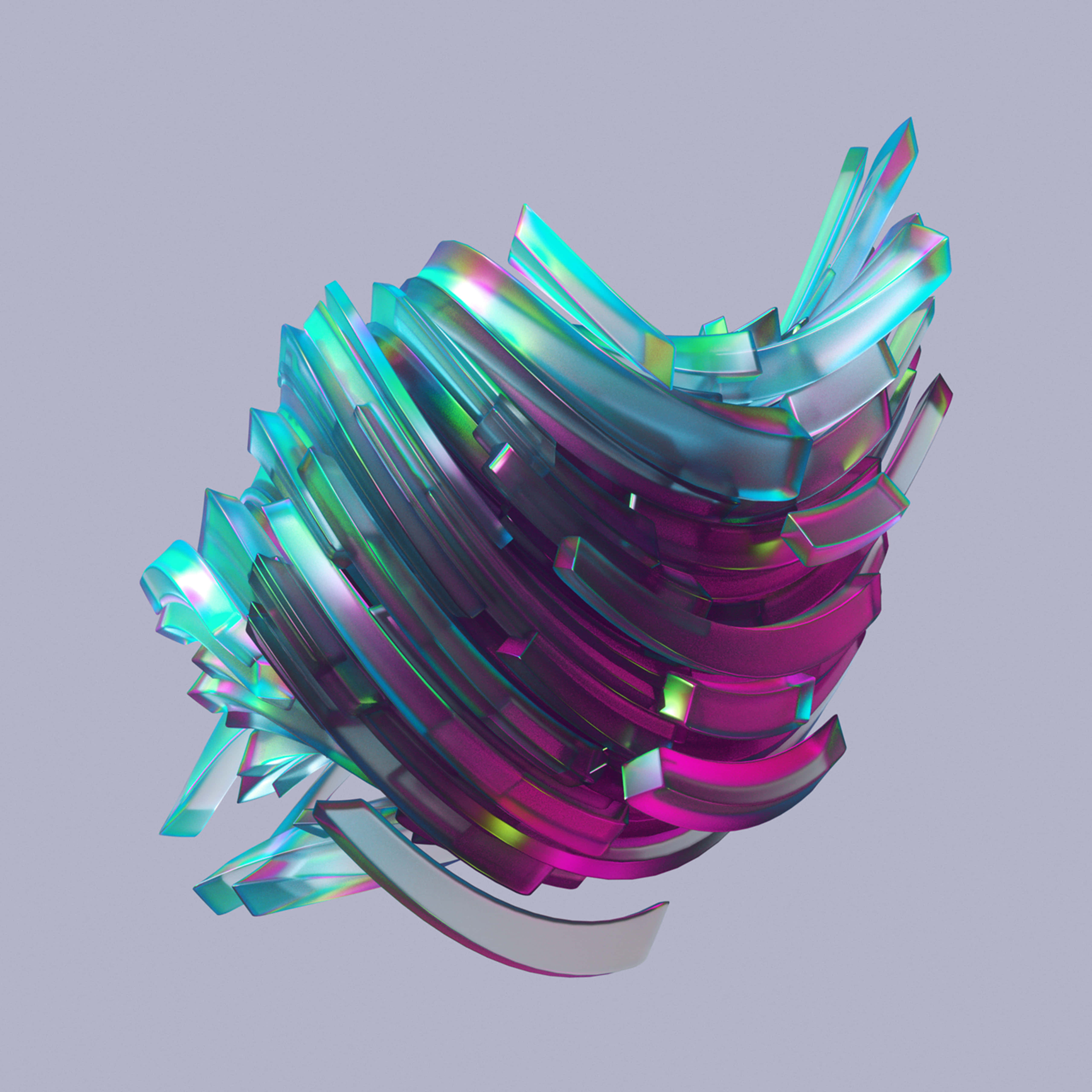 3d Graphics 桌布 壁紙 — 在柔和的灰色背景上，由青綠色和洋紅色的虹彩玻璃碎片組成的旋轉抽象雕塑。