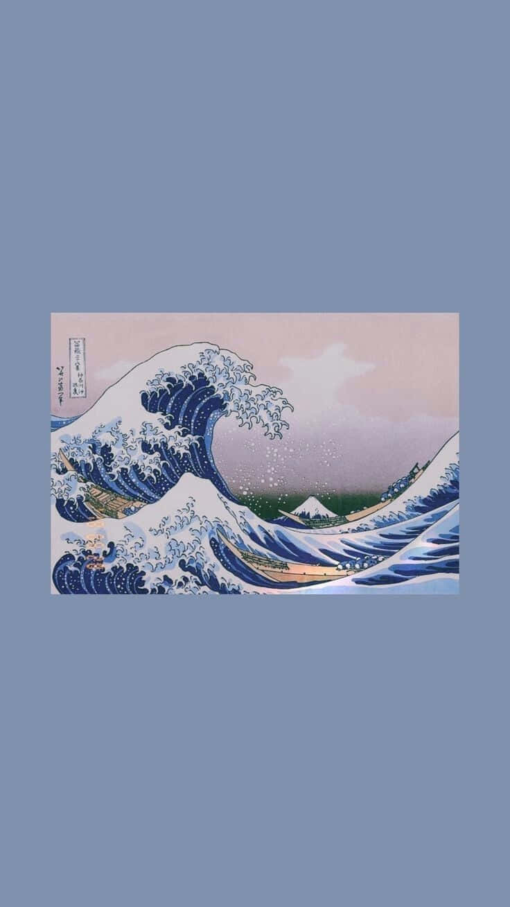 Lo Fi Aesthetic 桌布 壁紙 — 在柔和的粉紅色天空下，一道戲劇性的藍色巨浪衝向船隻，遠處可見富士山。