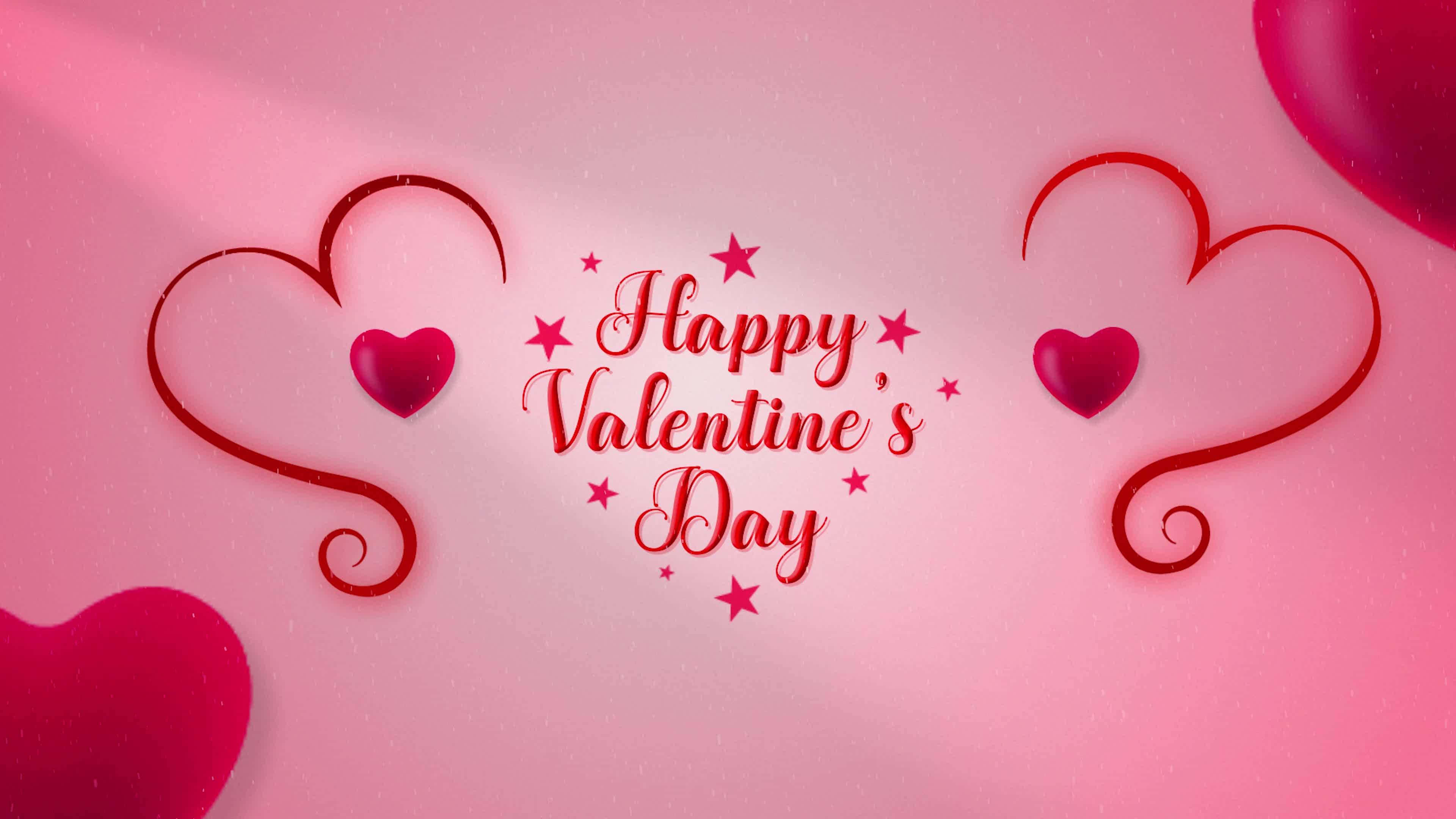Happy Valentines Day 桌布 壁紙 — 在柔和的粉紅色漸變背景上，帶有紅色心形和星星的節日情人節祝福。