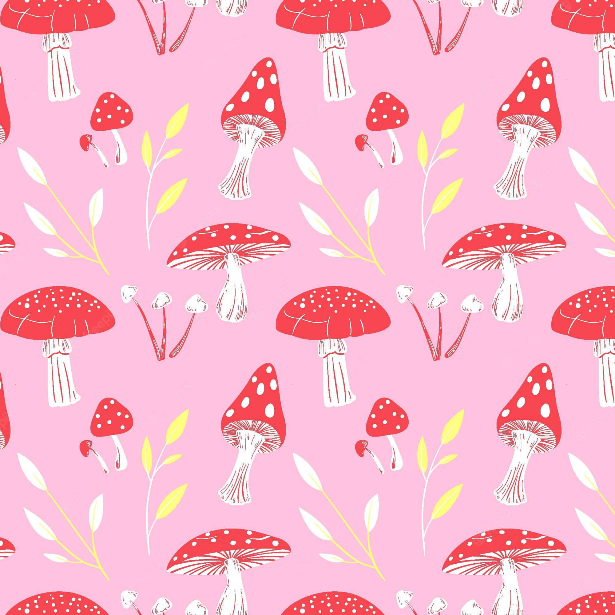 Kawaii Mushroom 桌布 壁紙 — 在柔和的粉紅色背景上，帶有黃色葉子的紅白斑點蘑菇的俏皮圖案。