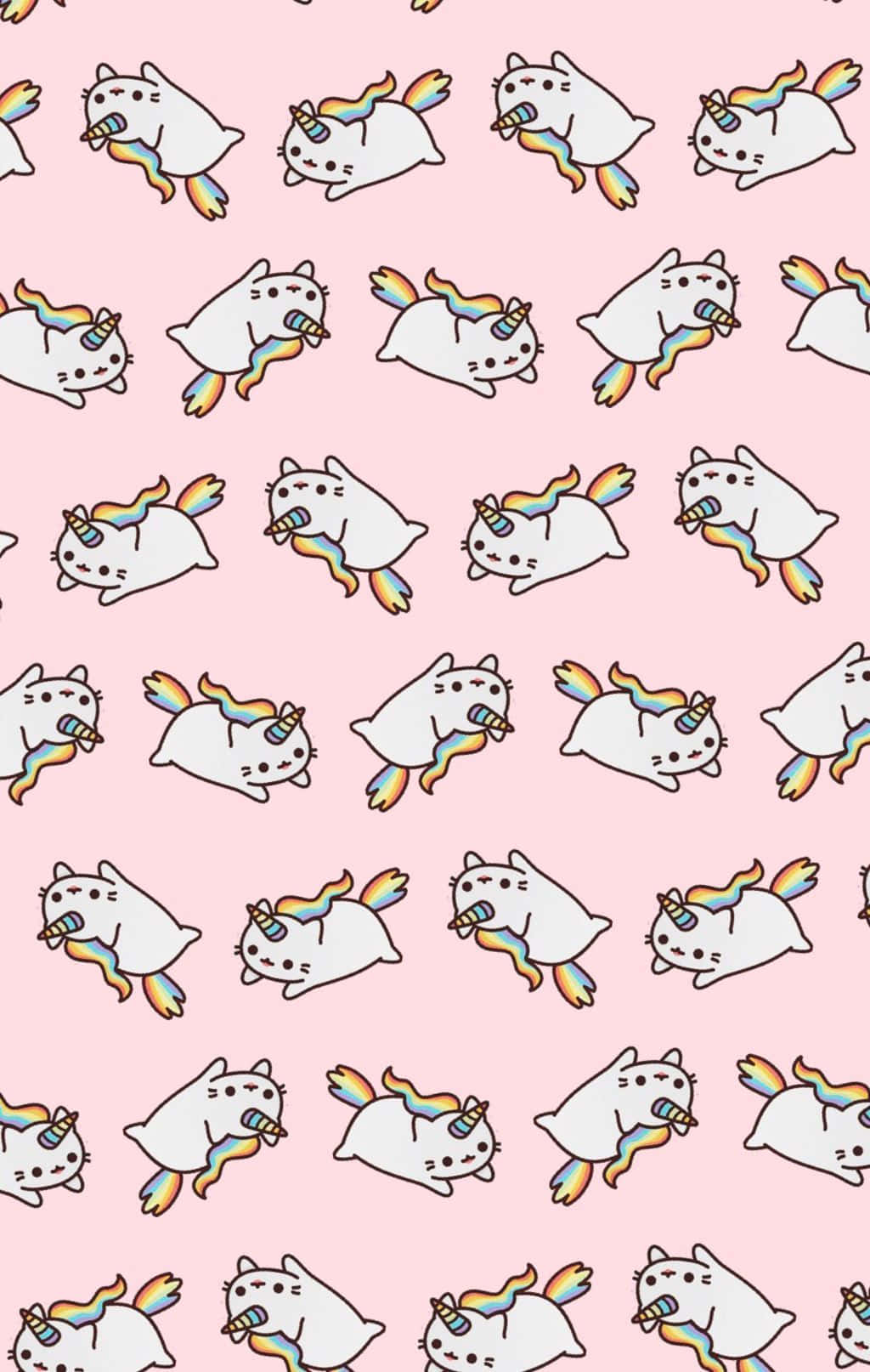 Kawaii Unicorn 桌布 壁紙 — 在柔和的粉紅色背景上，重複的可愛白色貓咪獨角獸圖案，帶有彩虹鬃毛和角。