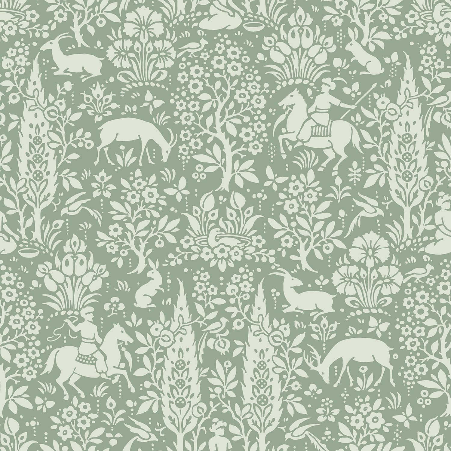 sage green aesthetic 桌布 壁紙 — 在柔和的綠色背景上，重複出現白色剪影動物和騎手，周圍環繞著茂密的樹葉圖案。
