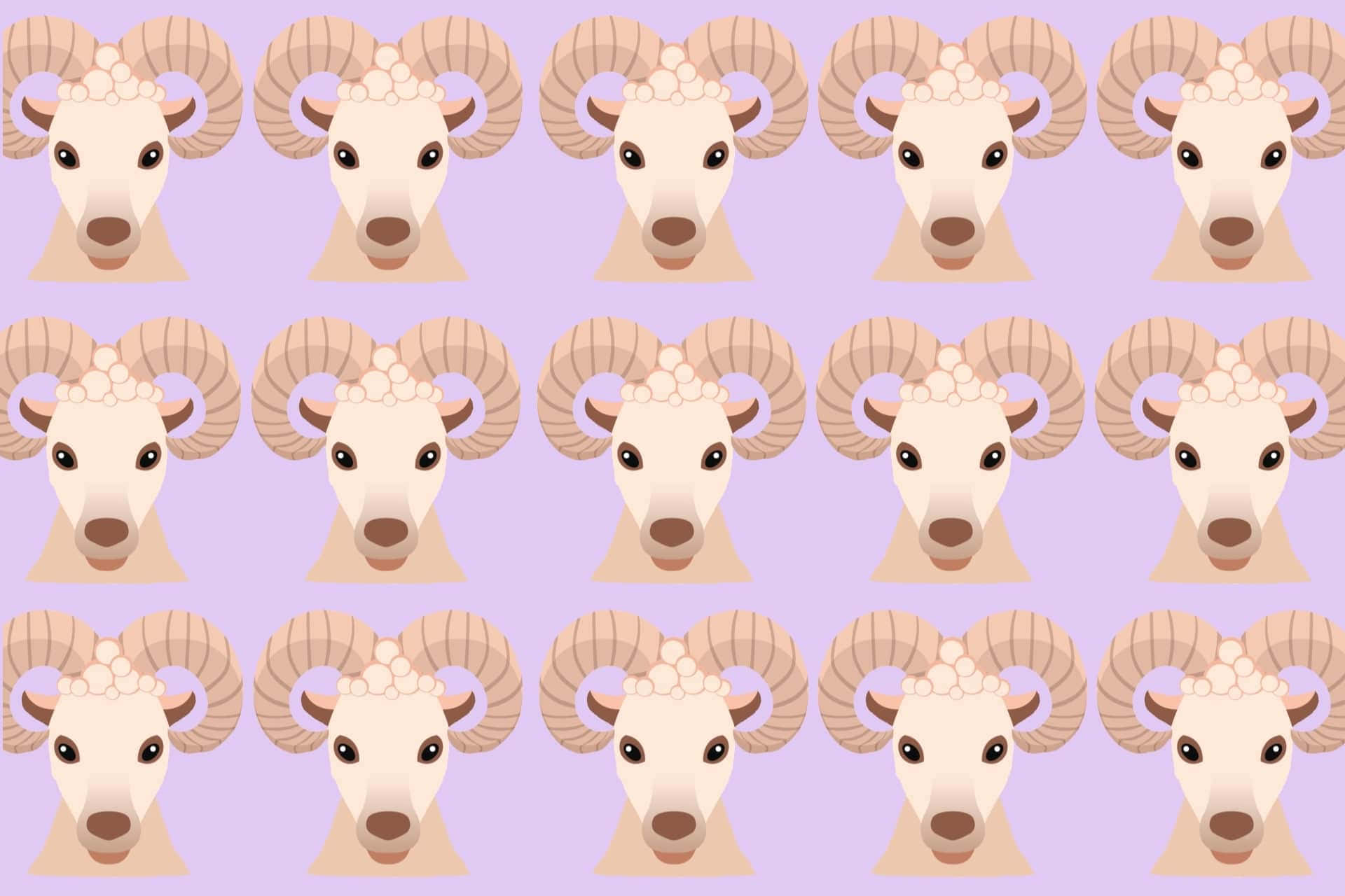 aries 桌布 壁紙 — 在柔和的薰衣草背景上重複的風格化公羊頭圖案，帶有彎曲的角。