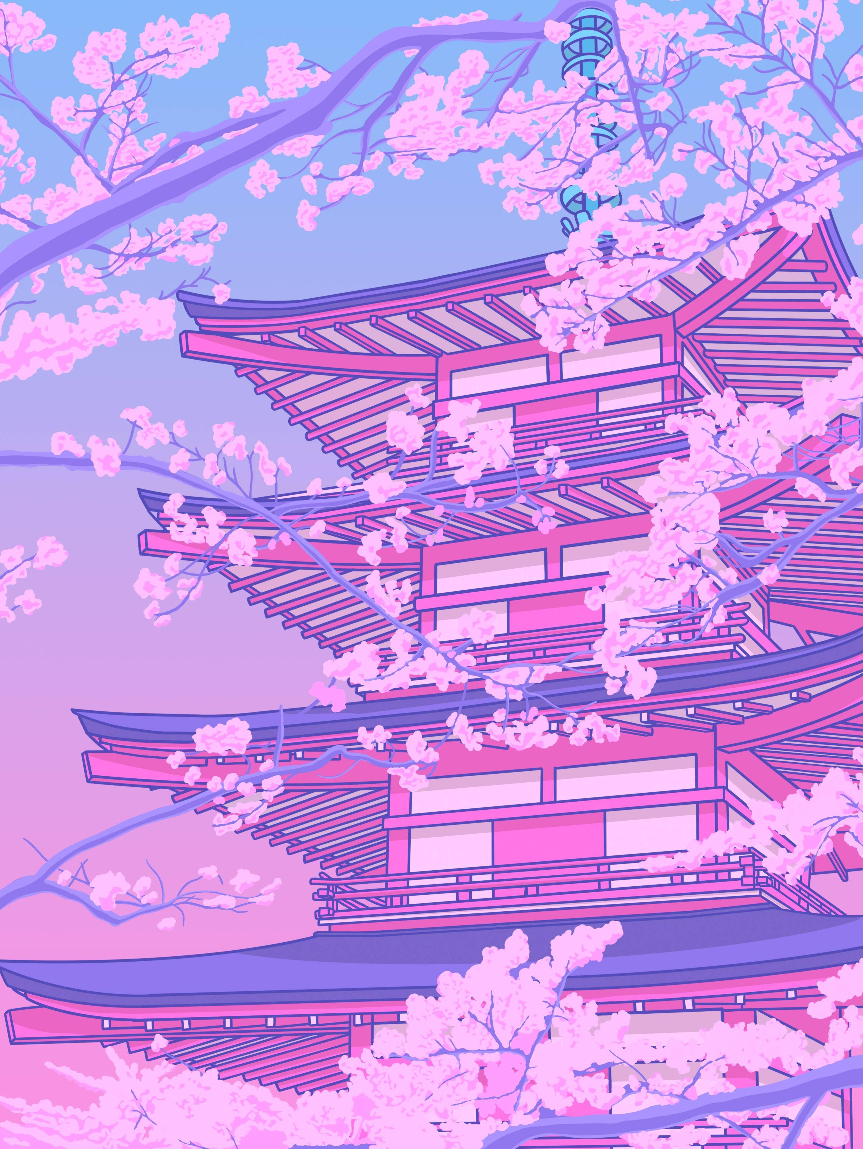 japanese sakura 桌布 壁紙 — 在柔和的薰衣草色天空下，一座充滿活力的粉紅色寶塔被盛開的櫻花環繞。