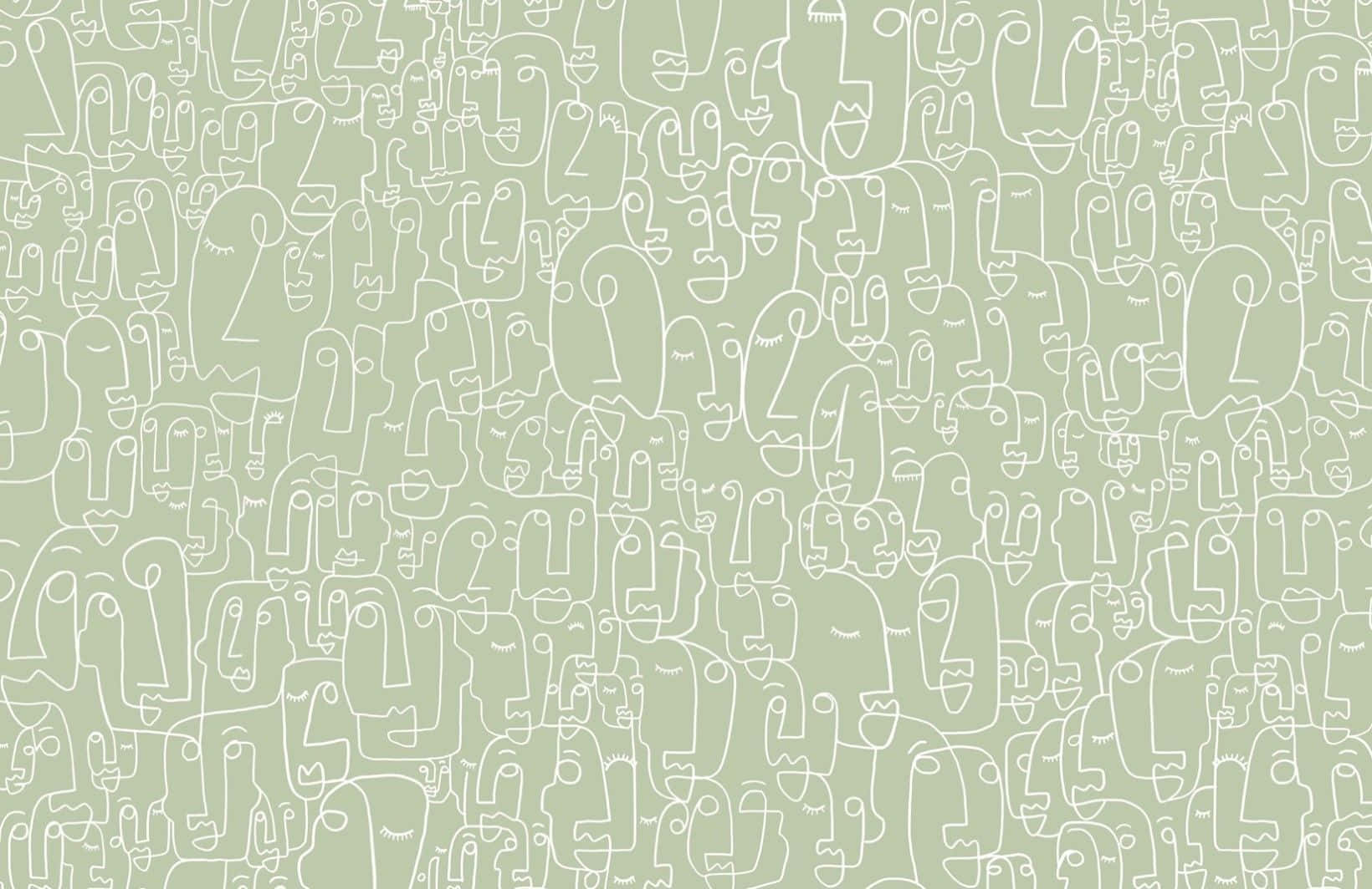 sage green aesthetic 桌布 壁紙 — 在柔和的鼠尾草綠色背景上，以極簡白色線條繪製的臉部無縫圖案。
