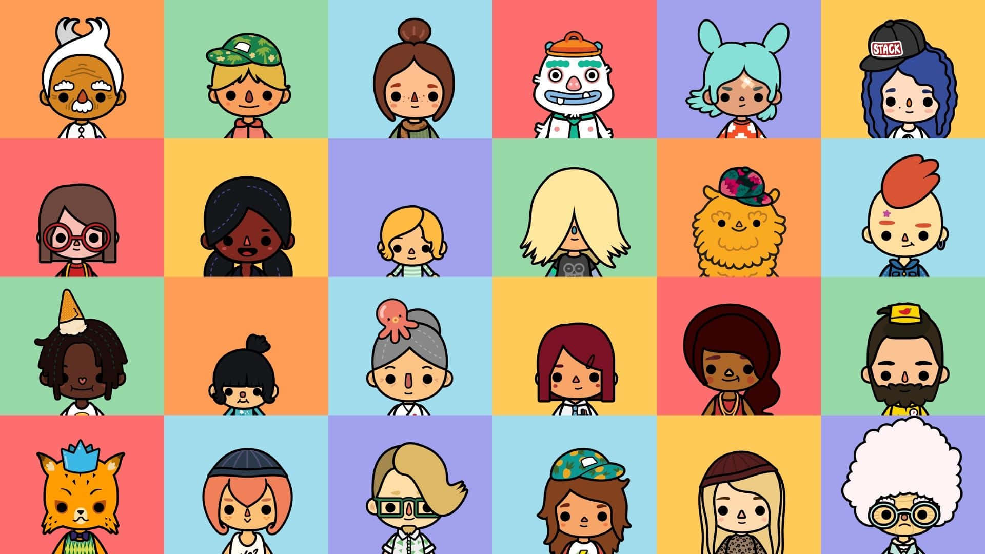 toca boca 桌布 壁紙 — 在柔和背景上，由色彩繽紛的卡通頭像組成的網格，展現多樣化的髮型和配飾。