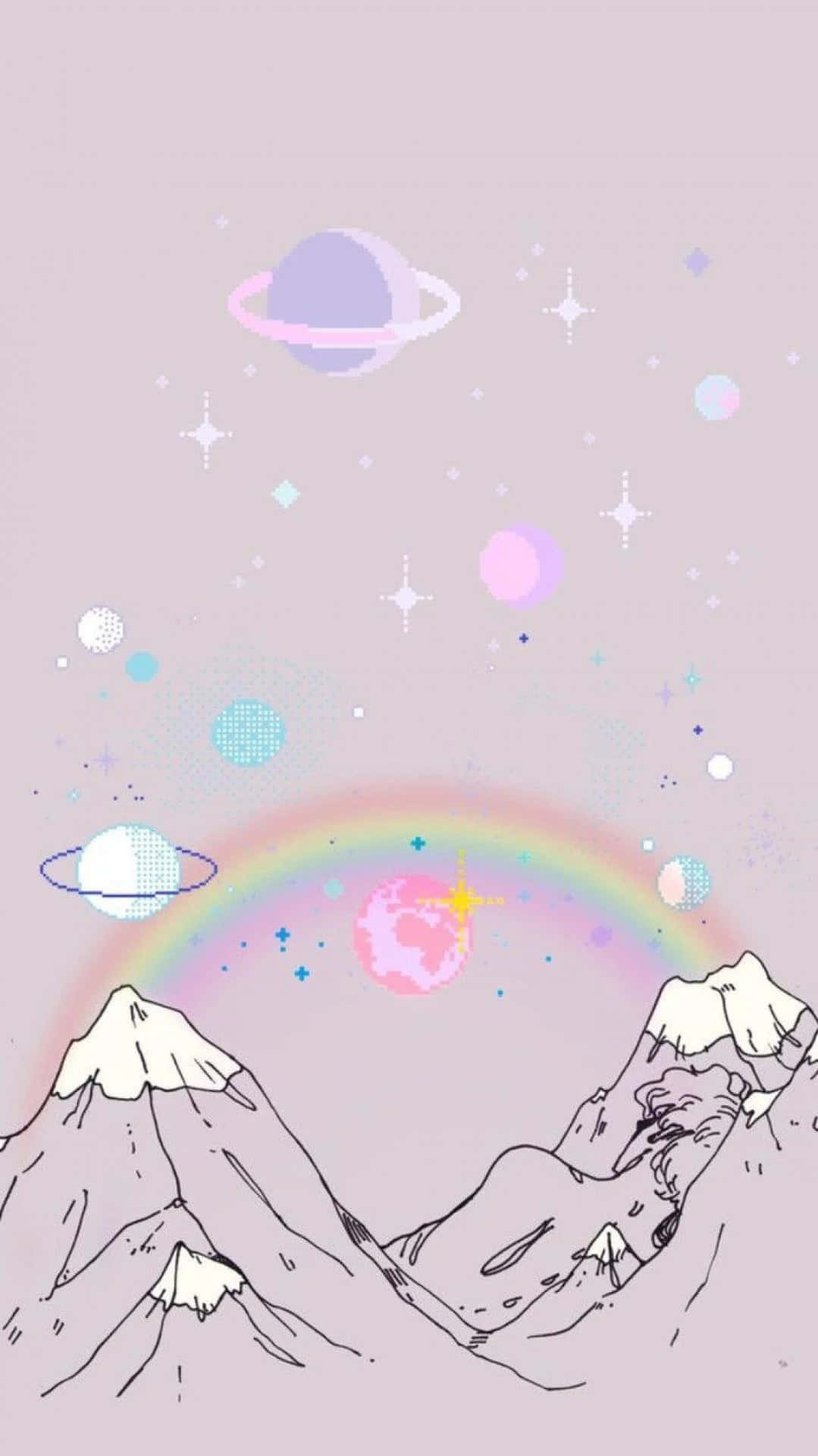 在粉彩色天空下，積雪的山脈與漂浮的行星和彩虹。
