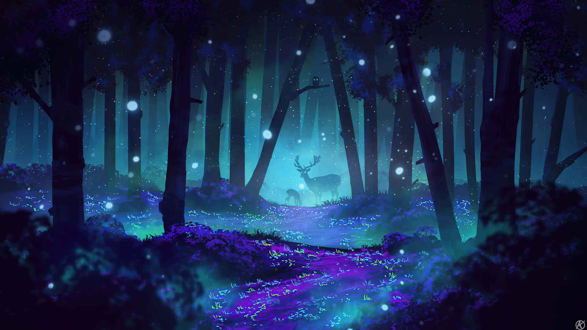 在柔和藍天下的優雅雄鹿剪影 壁紙 — 夜晚中發光的藍色和紫色魔法森林，一隻鹿站在閃爍燈光下的發光小徑上。