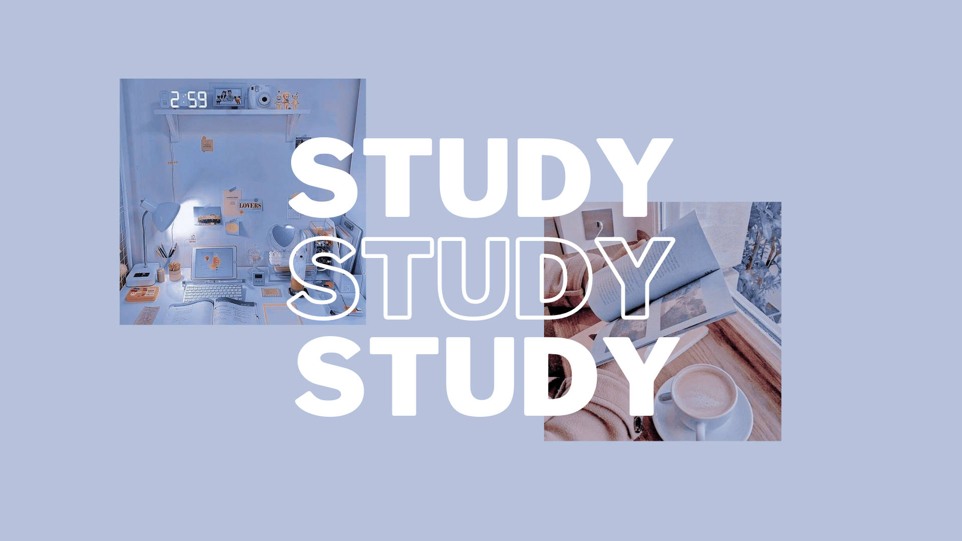 Study Aesthetic 桌布 壁紙 — 在柔和藍色燈光下，配備手提電腦、咖啡和書籍的寧靜學習環境。