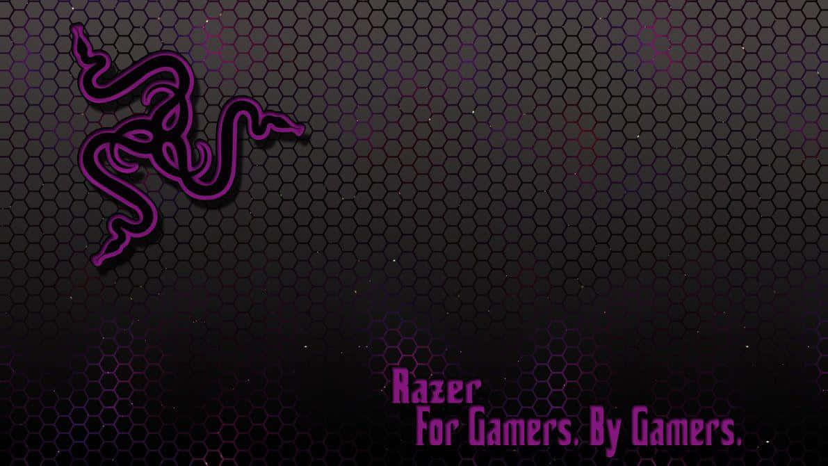 六邊形網格上的紫色Razer標誌，附有針對遊戲玩家的標語。