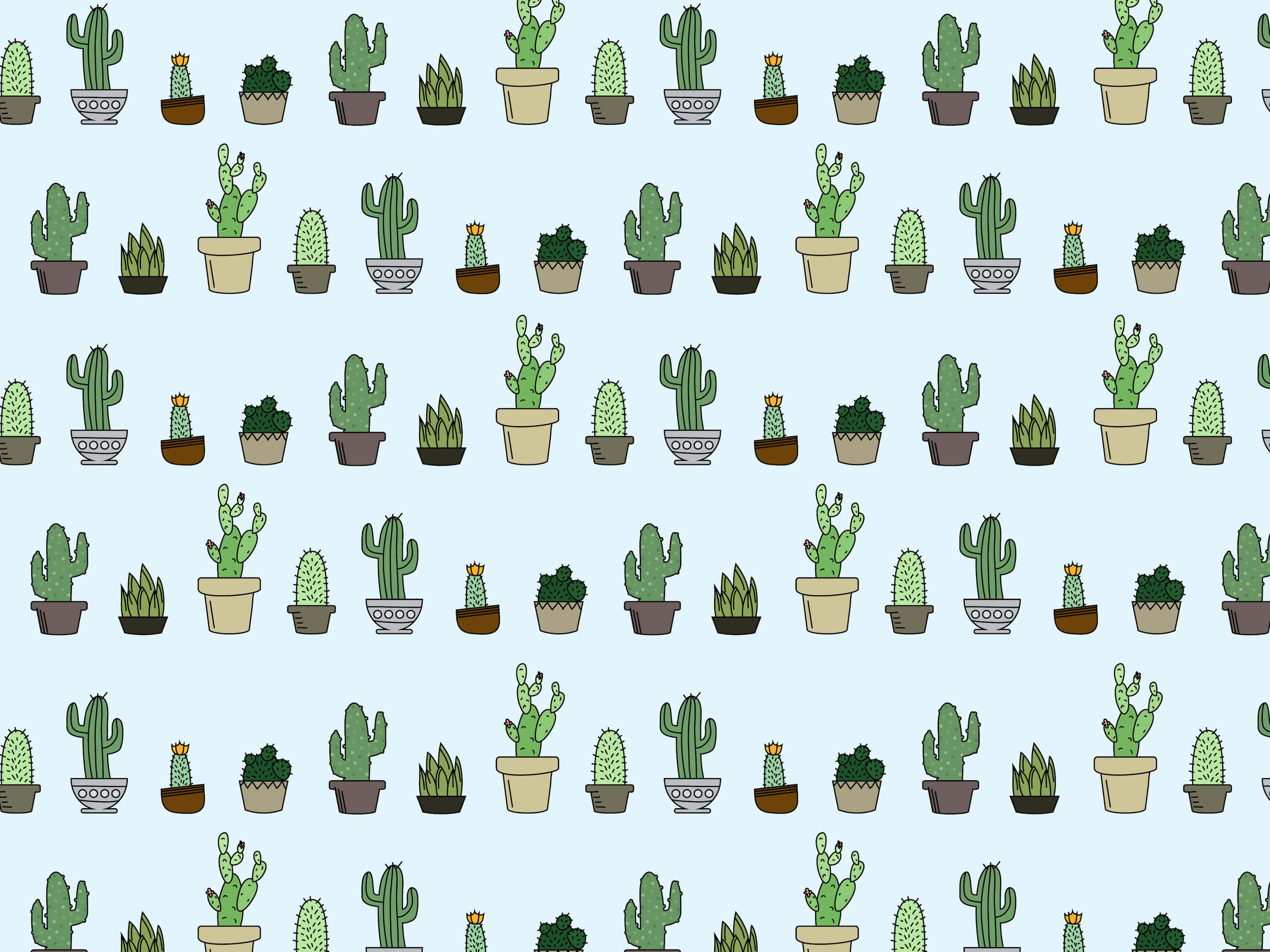 Kawaii Cactus 桌布 壁紙 — 在柔和藍色背景上重複的卡通仙人掌盆栽圖案。