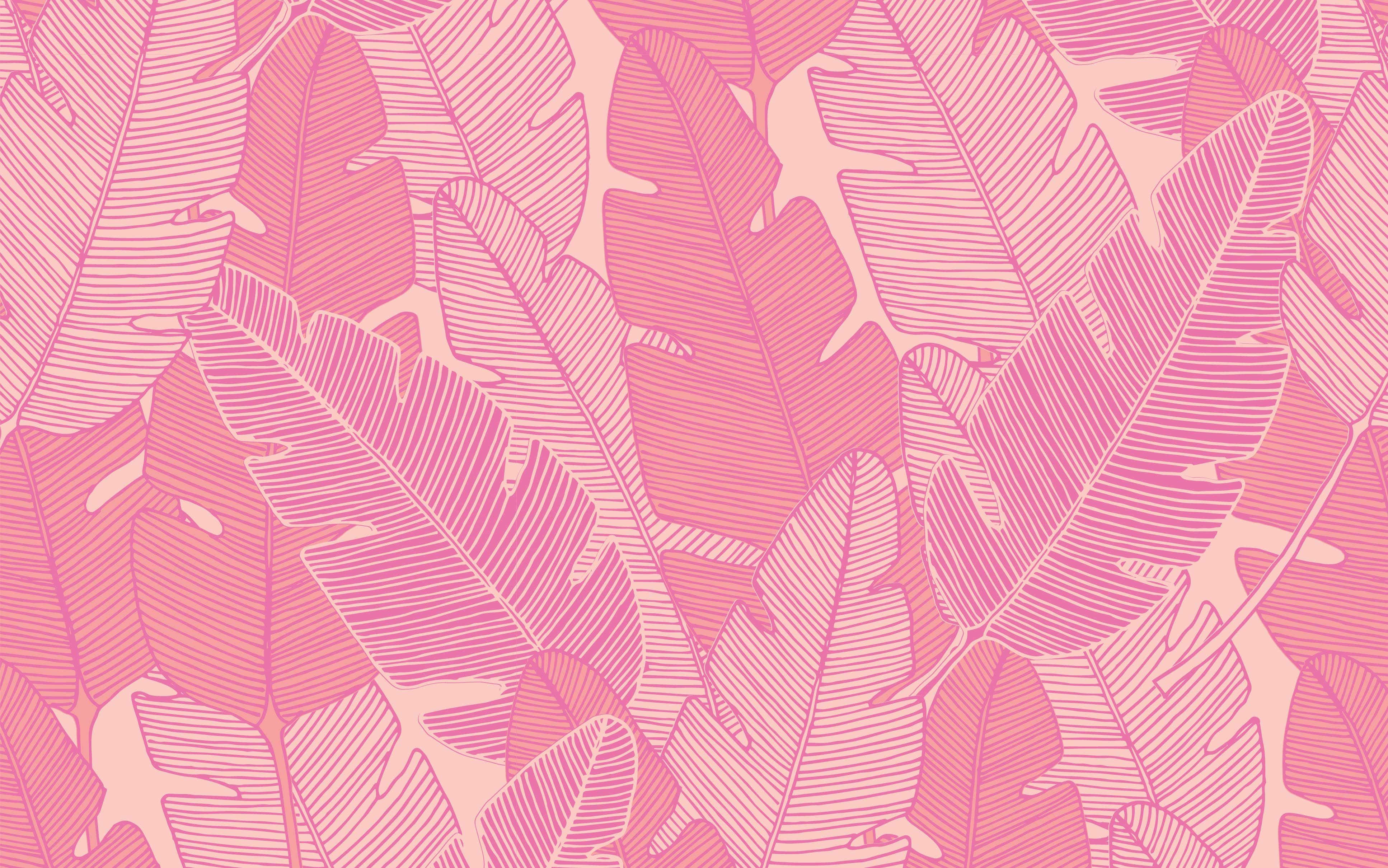 Pink Pattern 桌布 壁紙 — 在柔和蜜桃色背景上，重疊的香蕉葉呈現充滿活力的粉紅色圖案，帶有精細的線條細節。