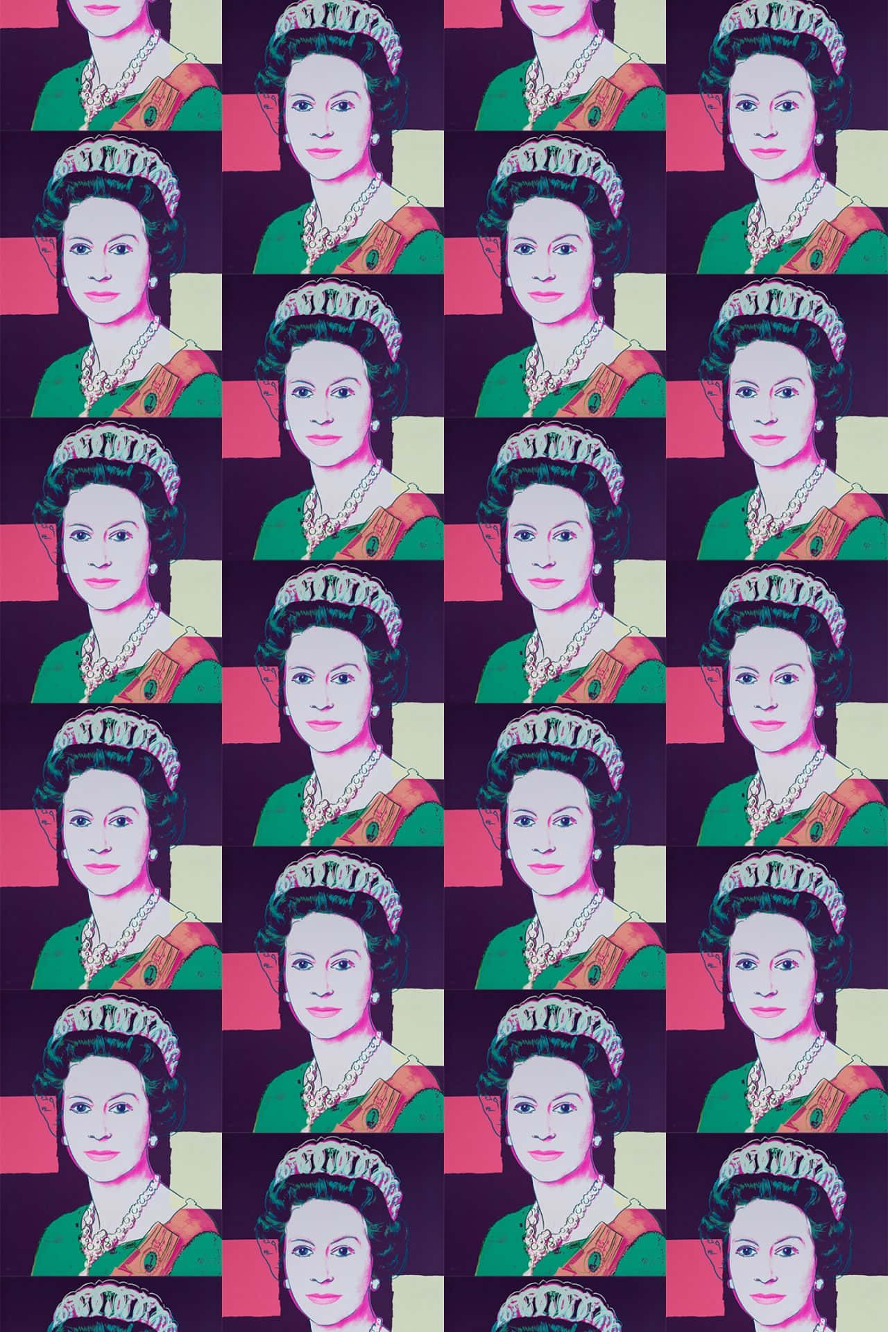 Queen Elizabeth 桌布 壁紙 — 在格仔背景上，以充滿活力的粉紅色、綠色和紫色色調重複出現的伊利沙伯二世女王普普藝術肖像。