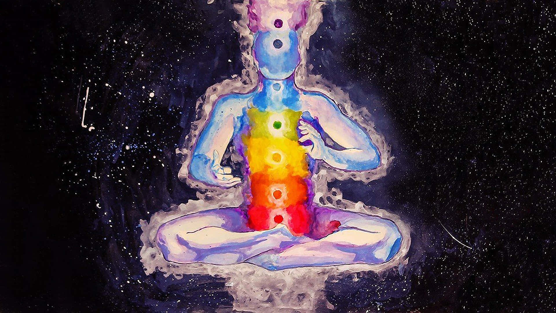 在桌面打造靈性淨土 壁紙 — 一個帶有彩虹脈輪的冥想人物，在水彩風格的星空宇宙背景下發光。