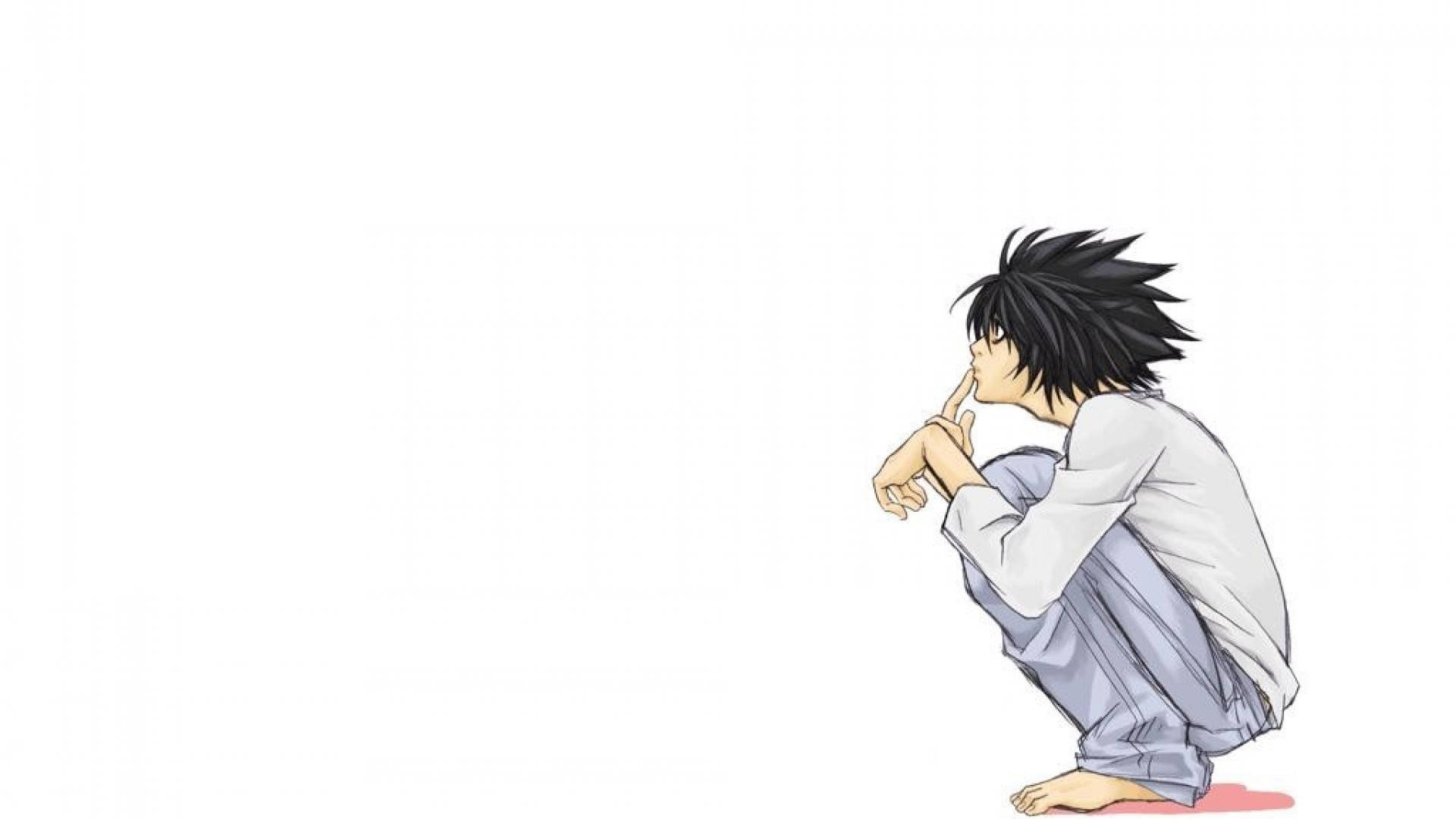 動漫男孩赤腳蹲在紅色斑點上手掩著嘴白色背景