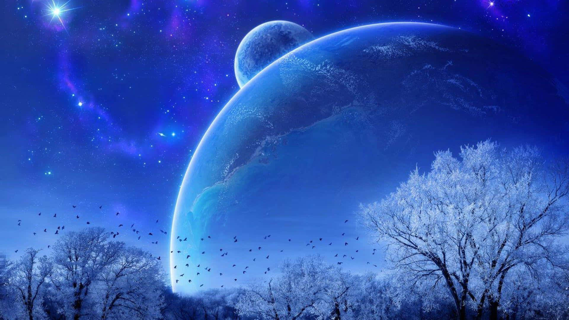 Beautiful Space 桌布 壁紙 — 在浩瀚的藍色行星和月亮下，閃爍的星星在宇宙夜空中照耀著雪森林。