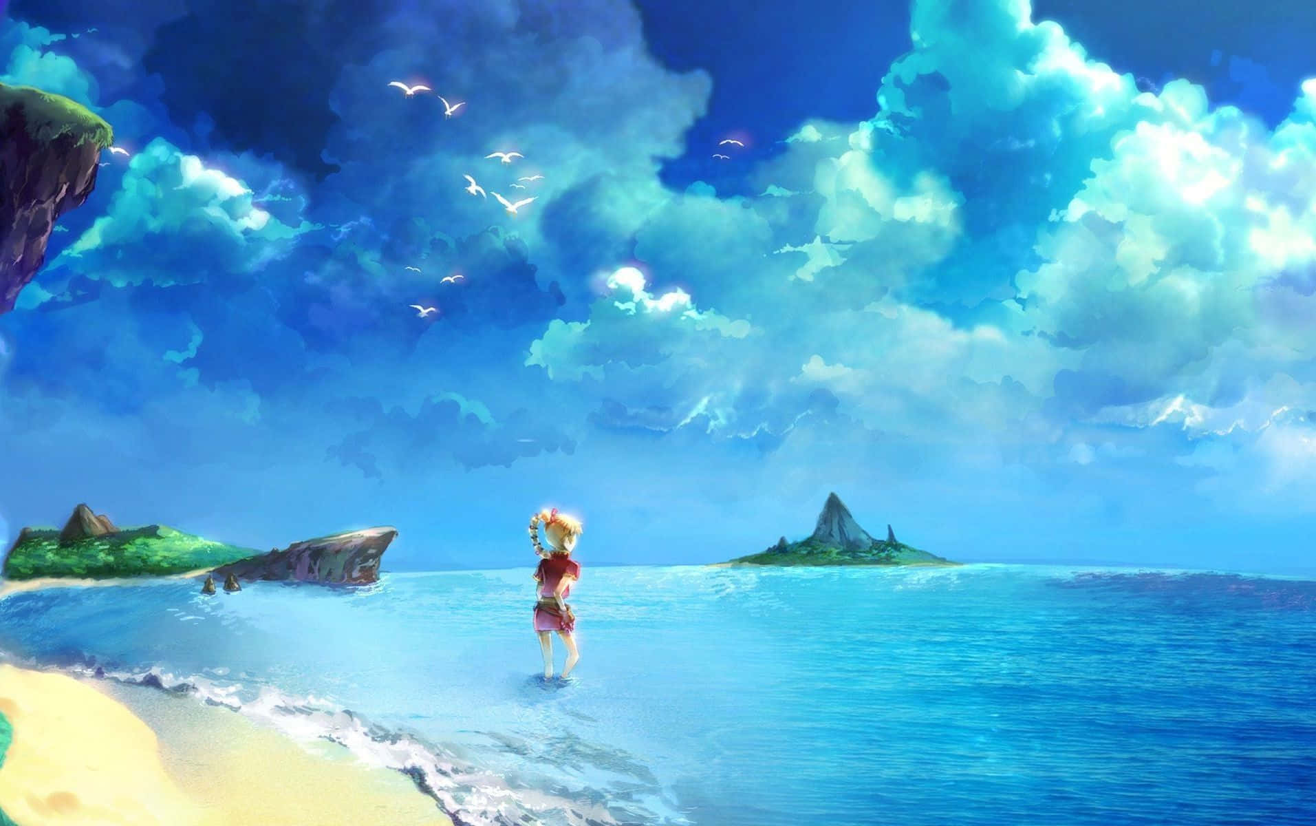 動漫女孩站在海水中，在藍天白雲和飛鳥下眺望島嶼。