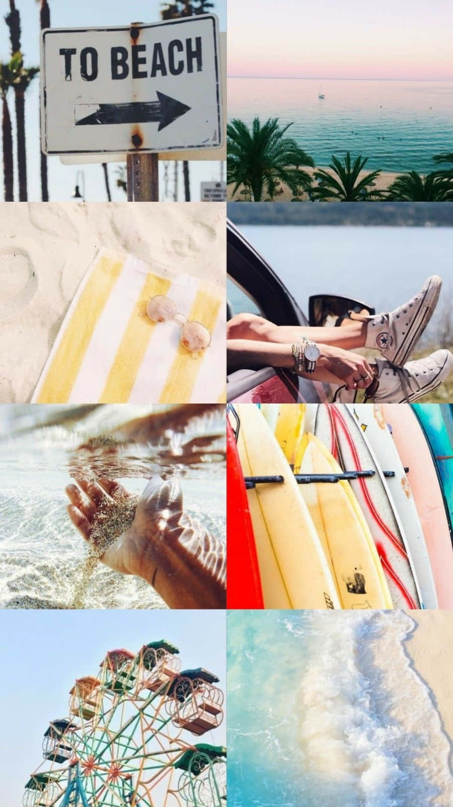 在海灘享受多彩的一天！ 壁紙 — 一個充滿活力的海灘拼貼畫，包含「TO BEACH」標誌、棕櫚樹、衝浪板、海浪和色彩繽紛的摩天輪，在明亮的天空下。