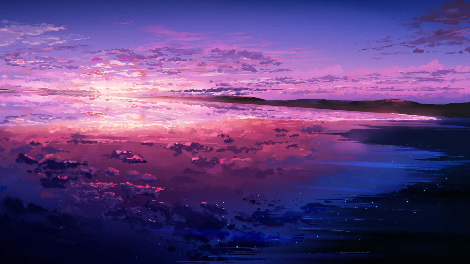 在海灘吊床上享受夏日 壁紙 — 寧靜的黃昏天空，粉紅色和紫色的雲彩完美地倒映在平靜的湖面上，星空地平線下。