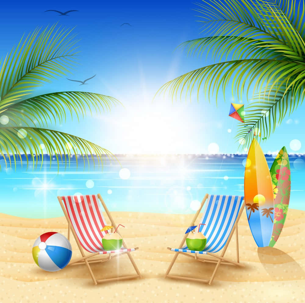 在海灘度過你的夏日假期 壁紙 — 兩張條紋沙灘椅放在棕櫚樹下，位於陽光明媚的熱帶海灘，附近有衝浪板和沙灘球。