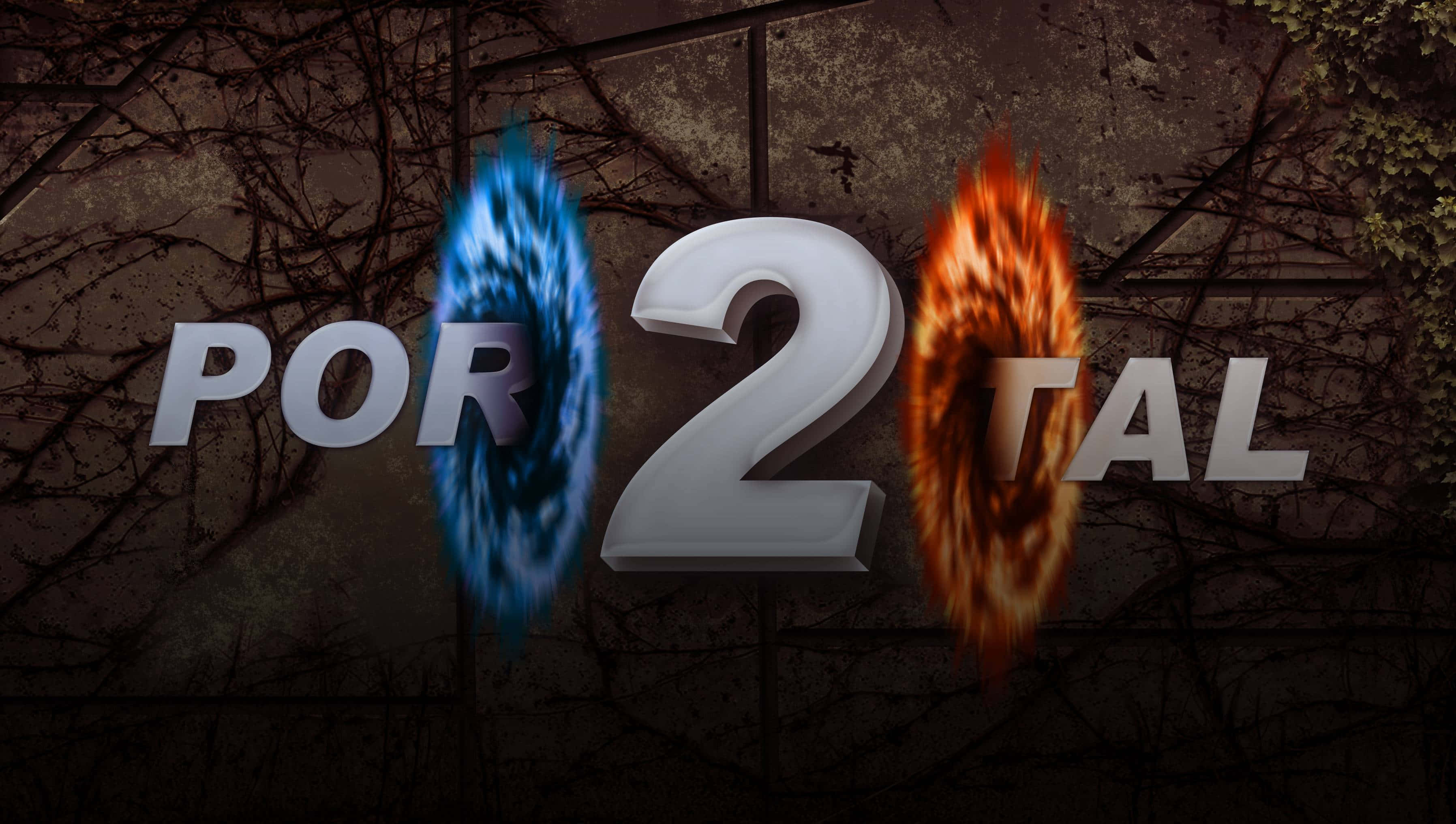 在海灘欣賞美麗的日落 壁紙 — Portal 2 標誌在黑暗的藤蔓覆蓋的牆壁上發出藍色和橙色的傳送門光芒。