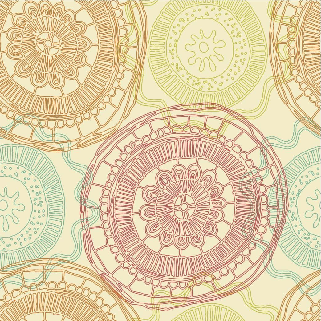 Boho Pastel 桌布 壁紙 — 在淡奶油色背景上，以暖色調重複的複雜曼陀羅狀圓形圖案。