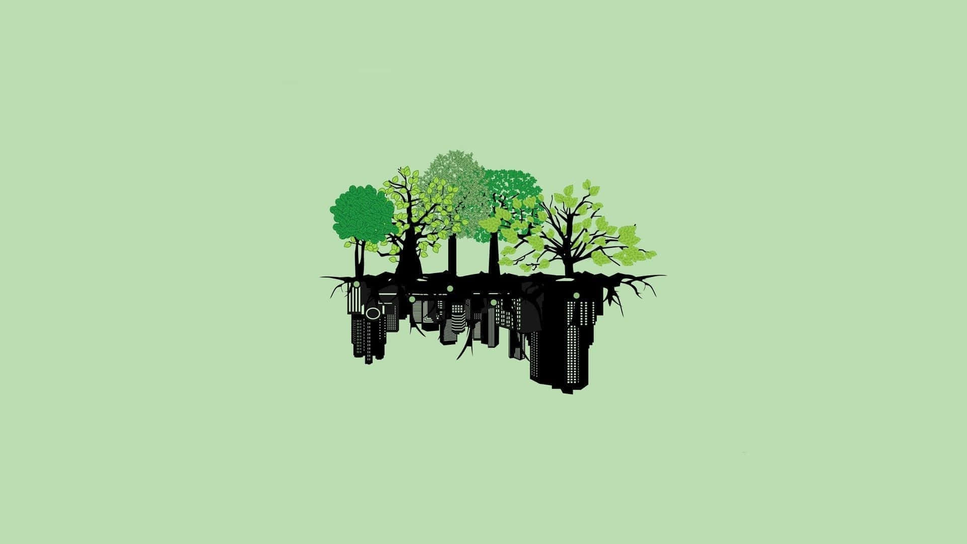 簡約桌面壁紙 桌布 壁紙 — 在淡綠色背景上，從樹根中浮現的城市天際線剪影。
