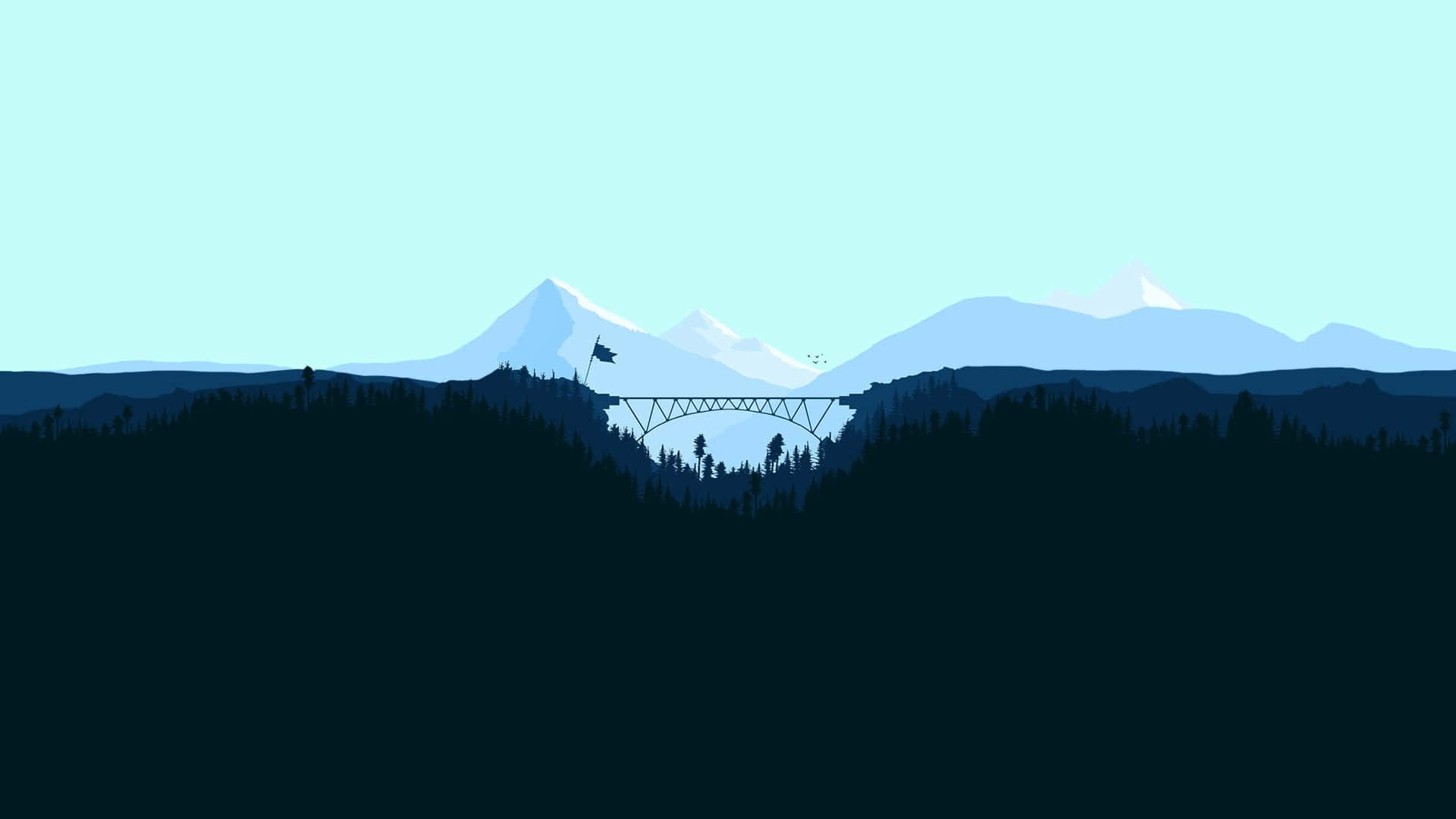 Minimal Art 桌布 壁紙 — 在淡藍色天空下，一座橋橫跨森林覆蓋的山谷，遠方有積雪覆蓋的山峰，呈現極簡輪廓。