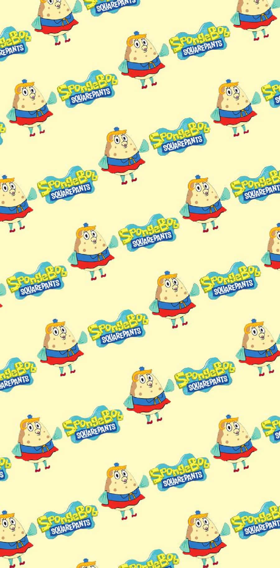 Mrs Puff 桌布 壁紙 — 在淡黃色背景上重複的海綿寶寶超級英雄服裝圖案。
