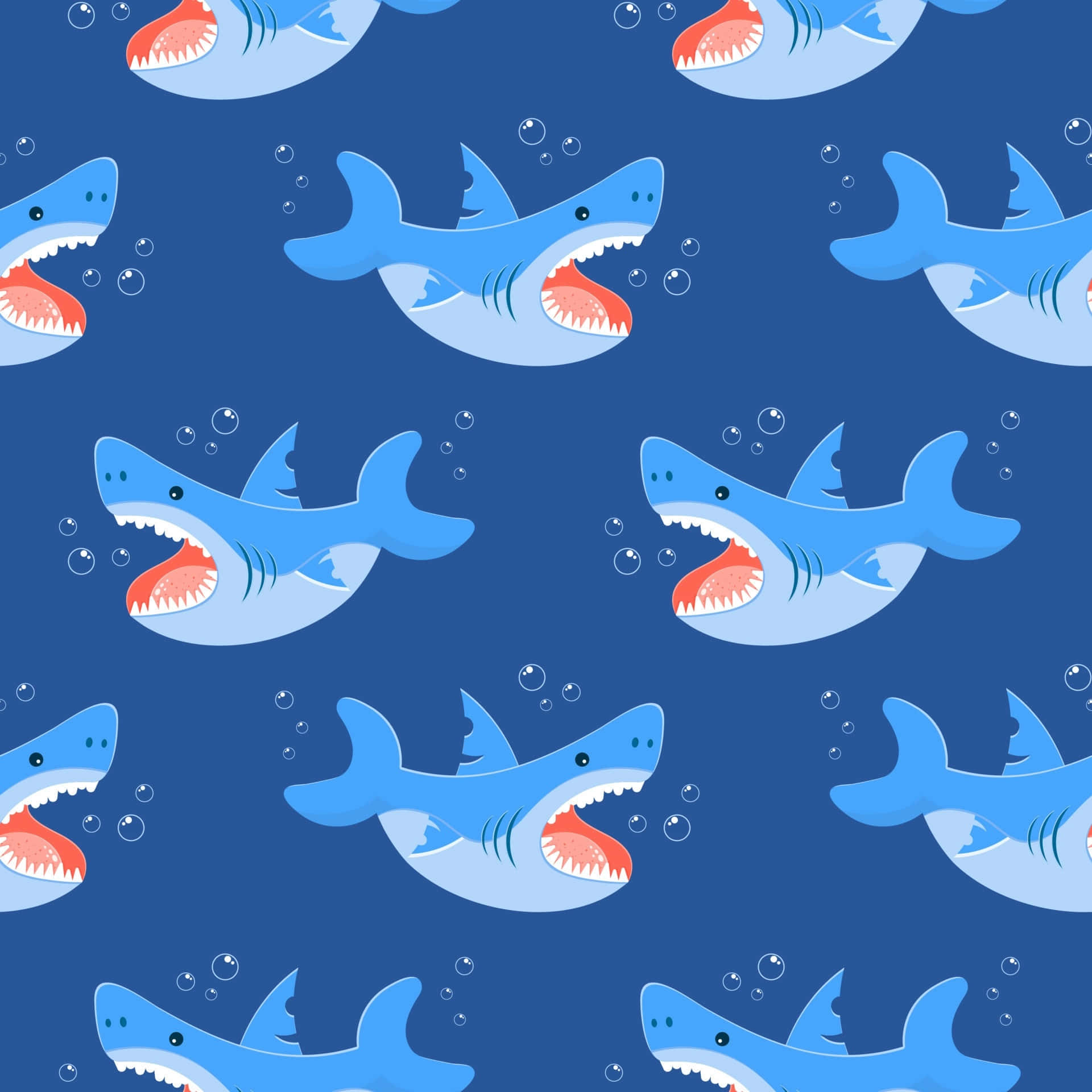 在深海中滑行的雄偉鯊魚 壁紙 — 重複的卡通鯊魚張開嘴巴並帶著氣泡在深藍色背景上游動。