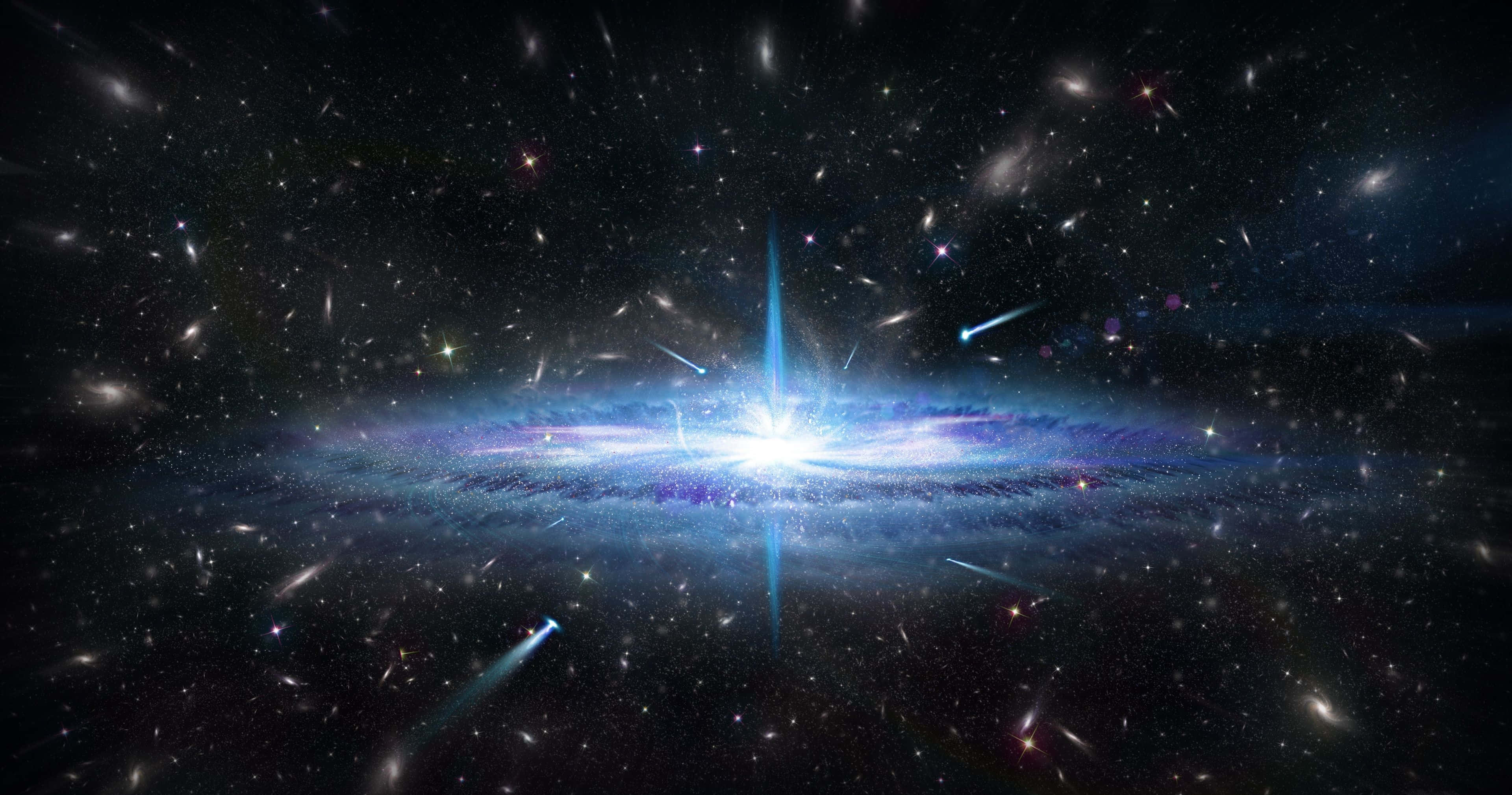 Quasar 桌布 壁紙 — 在深空中，一個發光的螺旋星系被無數恆星和劃過的流星環繞的壯麗景象。