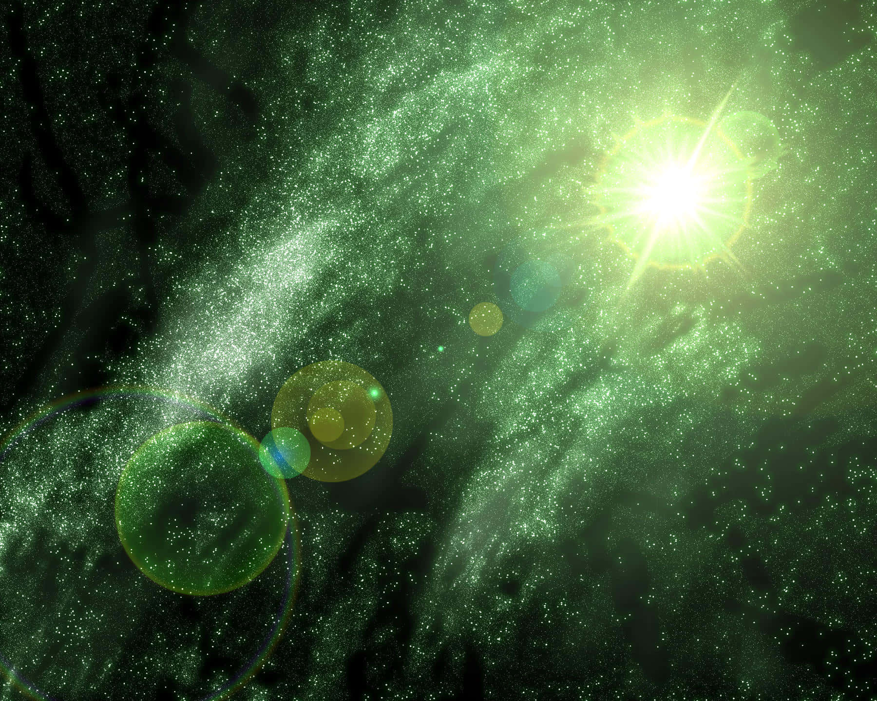 Green Galaxy 桌布 壁紙 — 在深空中，一道光芒四射的綠色星雲圍繞著一顆明亮的中心恆星旋轉，伴隨著鏡頭光暈和發光球體。