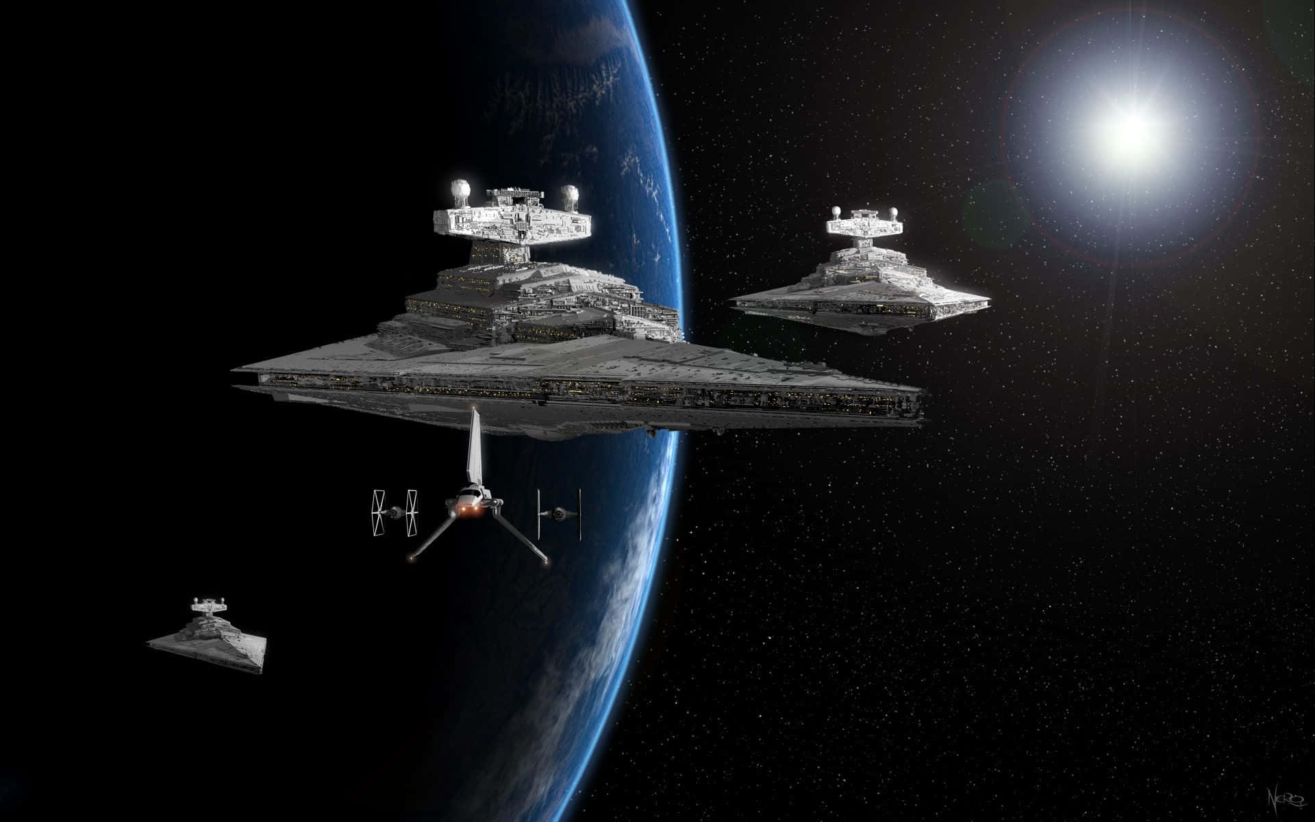 Imperial Army 桌布 壁紙 — 在深空中，明亮的太陽下，巨大的星際驅逐艦和TIE戰鬥機環繞著一顆藍色行星運行。
