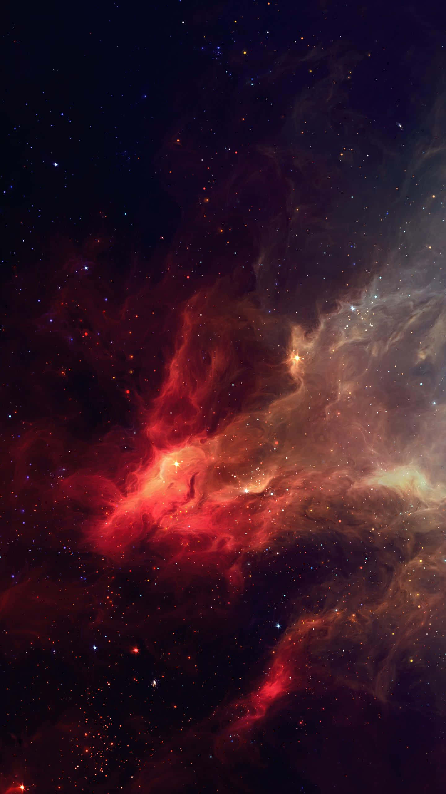 Space Phone 桌布 壁紙 — 在深空星雲中，充滿活力的紅色和橙色宇宙雲團在無數恆星之間旋轉。