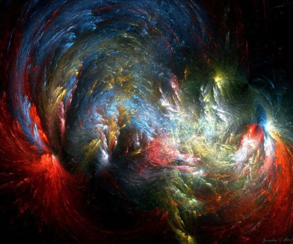 動畫 桌布 壁紙 — 在深空黑暗中發光的紅色、藍色和金色星雲的充滿活力的宇宙漩渦。