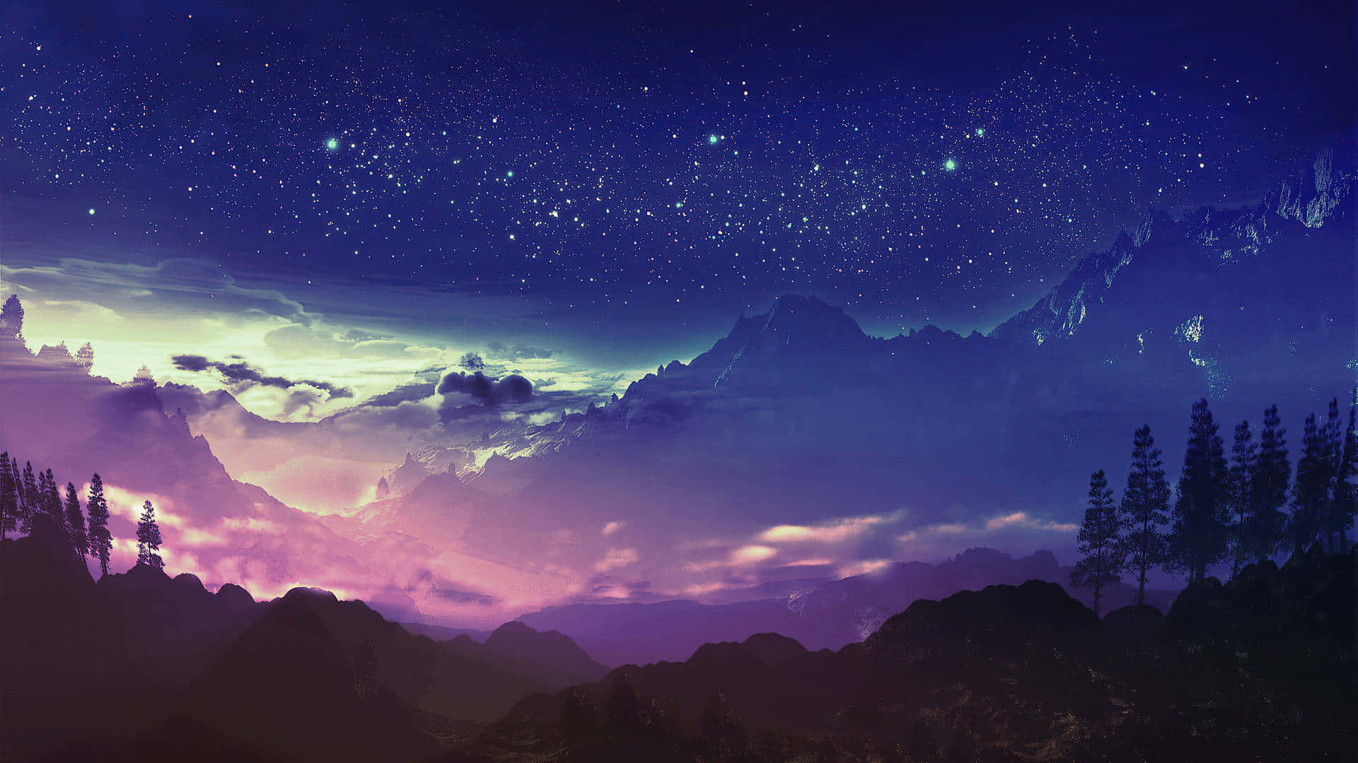 Aesthetic Night Sky 桌布 壁紙 — 在深紫色和藍色漸變下，星空夜空中有發光的雲朵和剪影的山脈和樹木。
